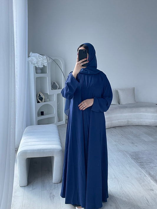HANA 3-Piece Abaya Set – Lightweight with Inner Dress, Open Abaya & Hijab - Navy Blue