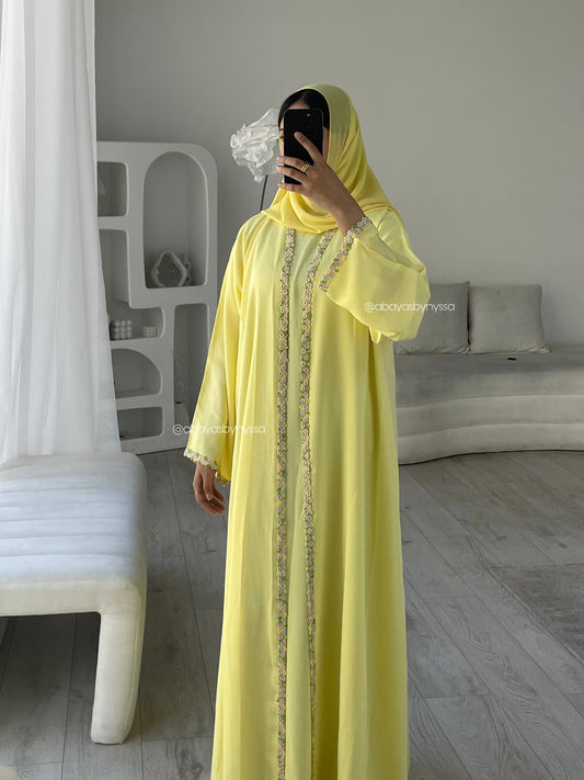 Ana Lace Abaya 3-Piece Set – Elegant Abaya with Inner Dress & Matching Hijab - Yellow