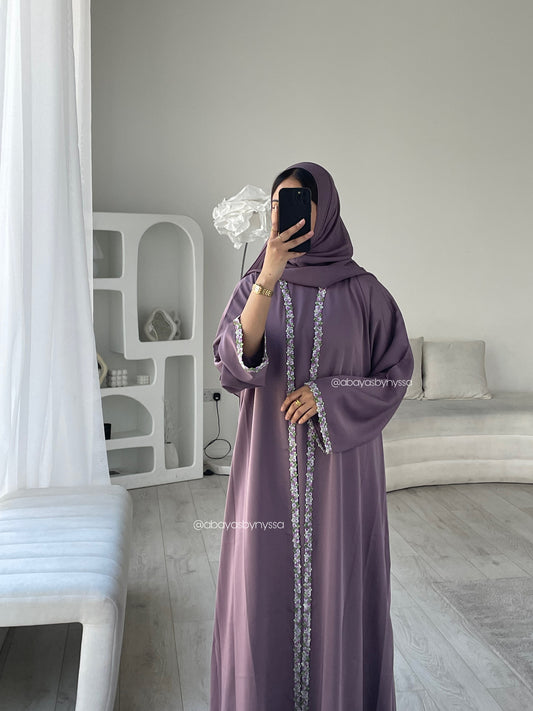 Ana Lace Abaya 3-Piece Set – Elegant Abaya with Inner Dress & Matching Hijab - Purple