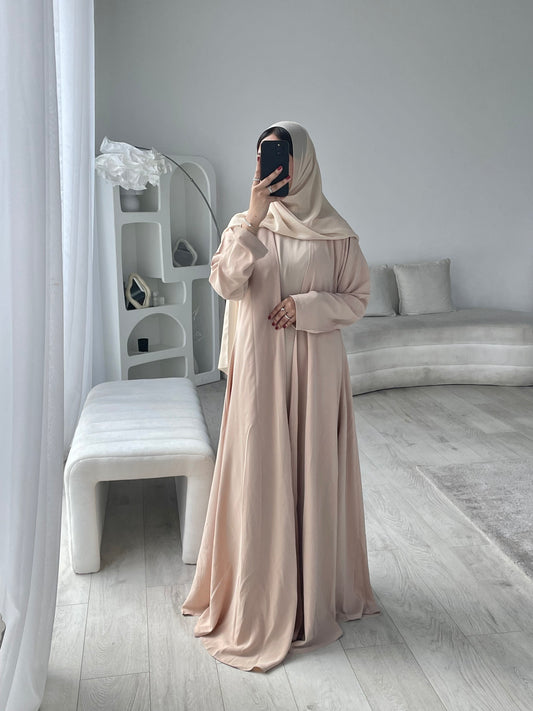 HANA 3-Piece Abaya Set – Lightweight with Inner Dress, Open Abaya & Hijab - Nude Beige