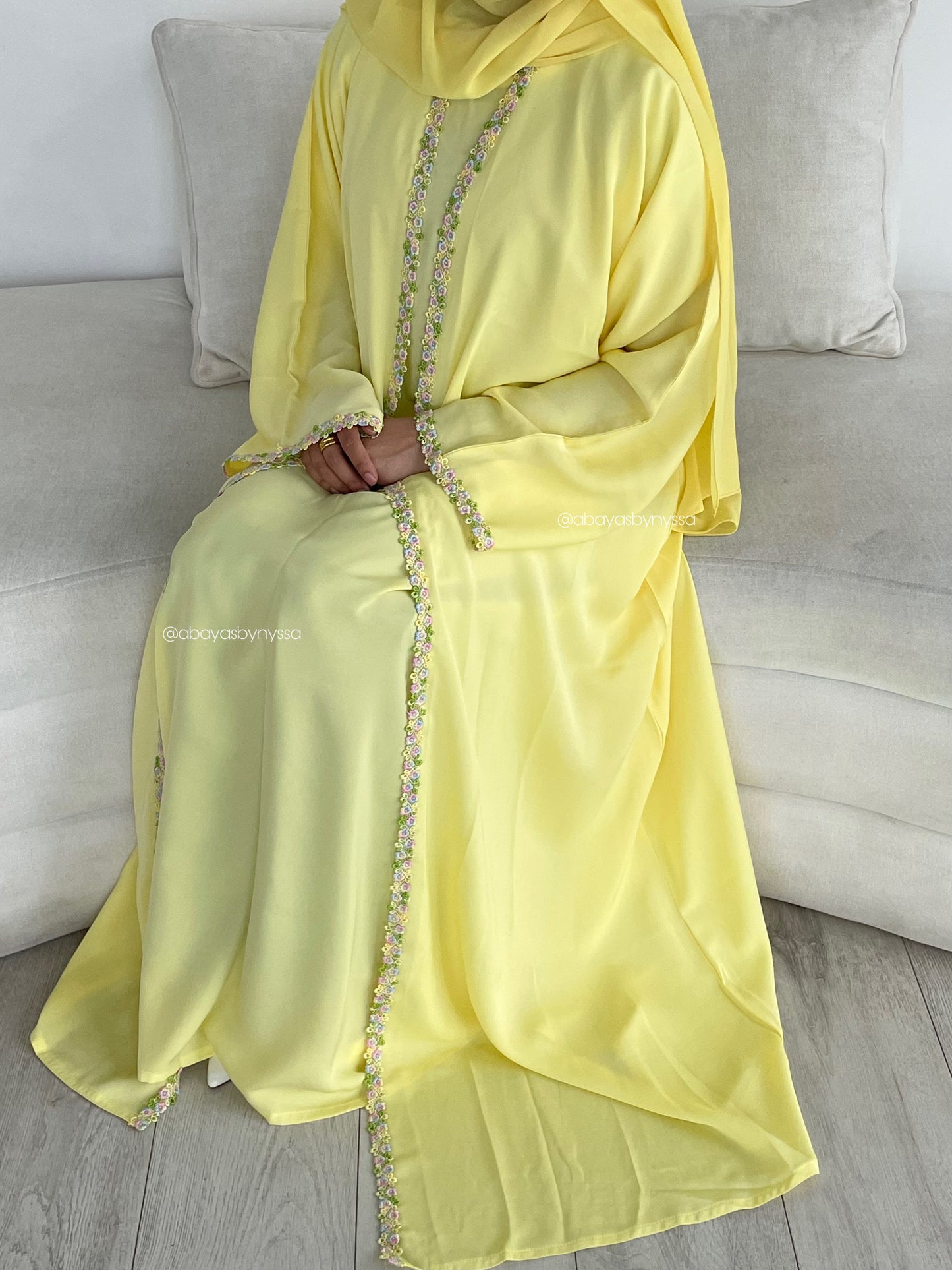 Ana Lace Abaya 3-Piece Set – Elegant Abaya with Inner Dress & Matching Hijab - Yellow