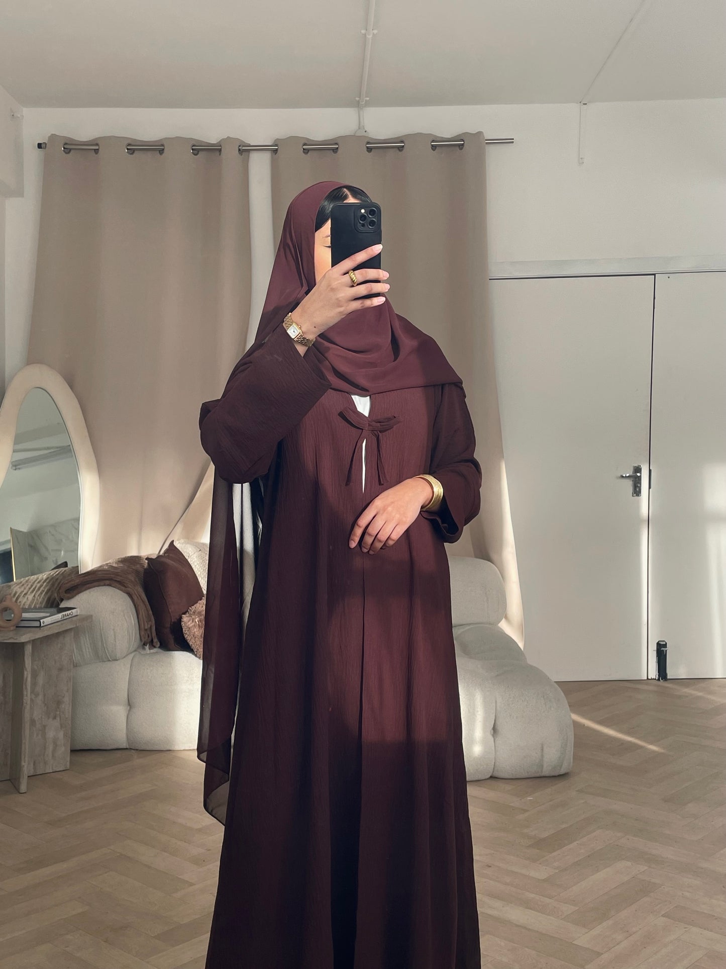 Bow Button Abaya – ‘Brown’