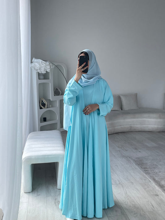 HANA 3-Piece Abaya Set – Lightweight with Inner Dress, Open Abaya & Hijab - Baby Blue
