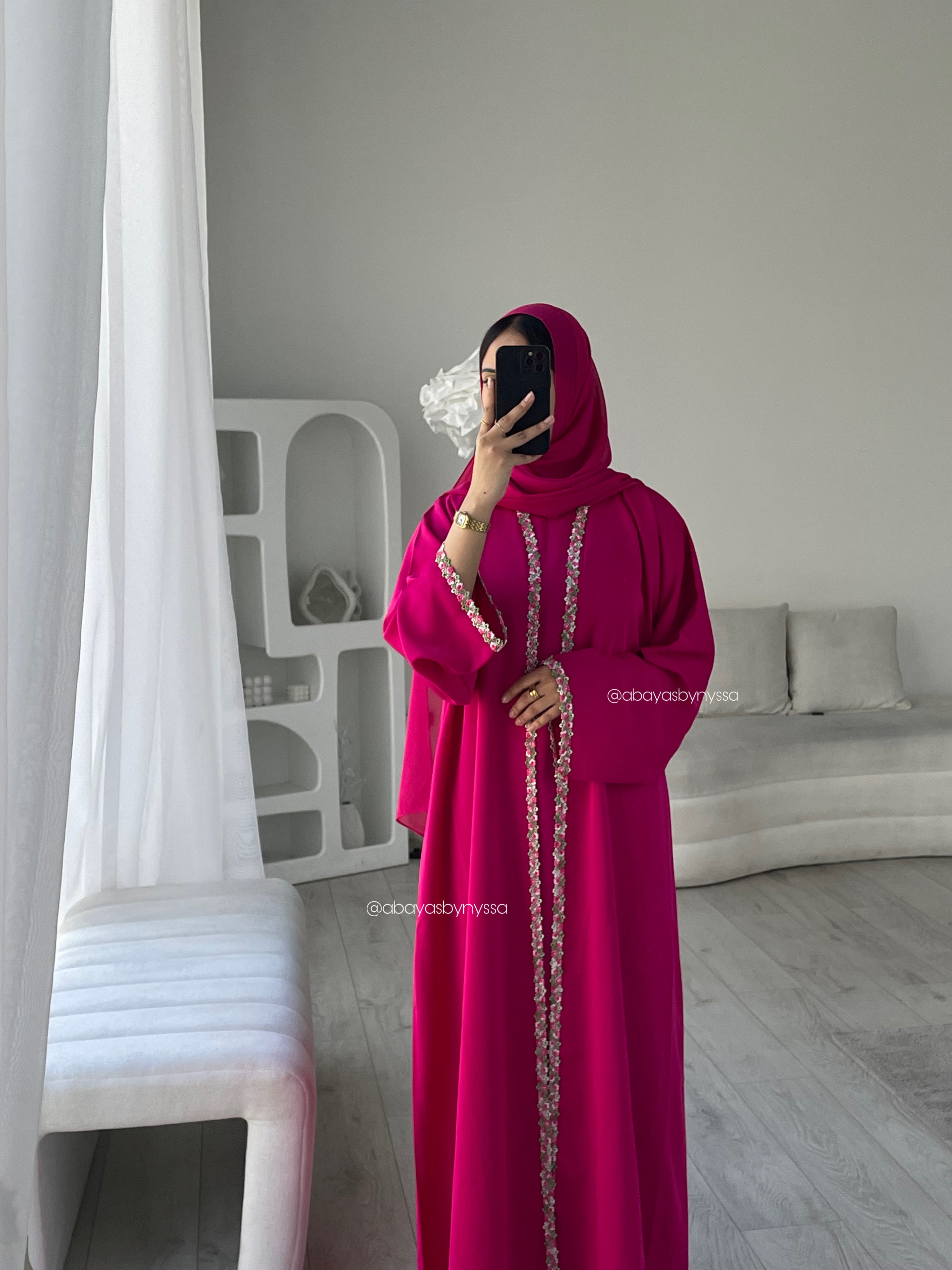 Ana Lace Abaya 3-Piece Set – Elegant Abaya with Inner Dress & Matching Hijab - Hot Pink