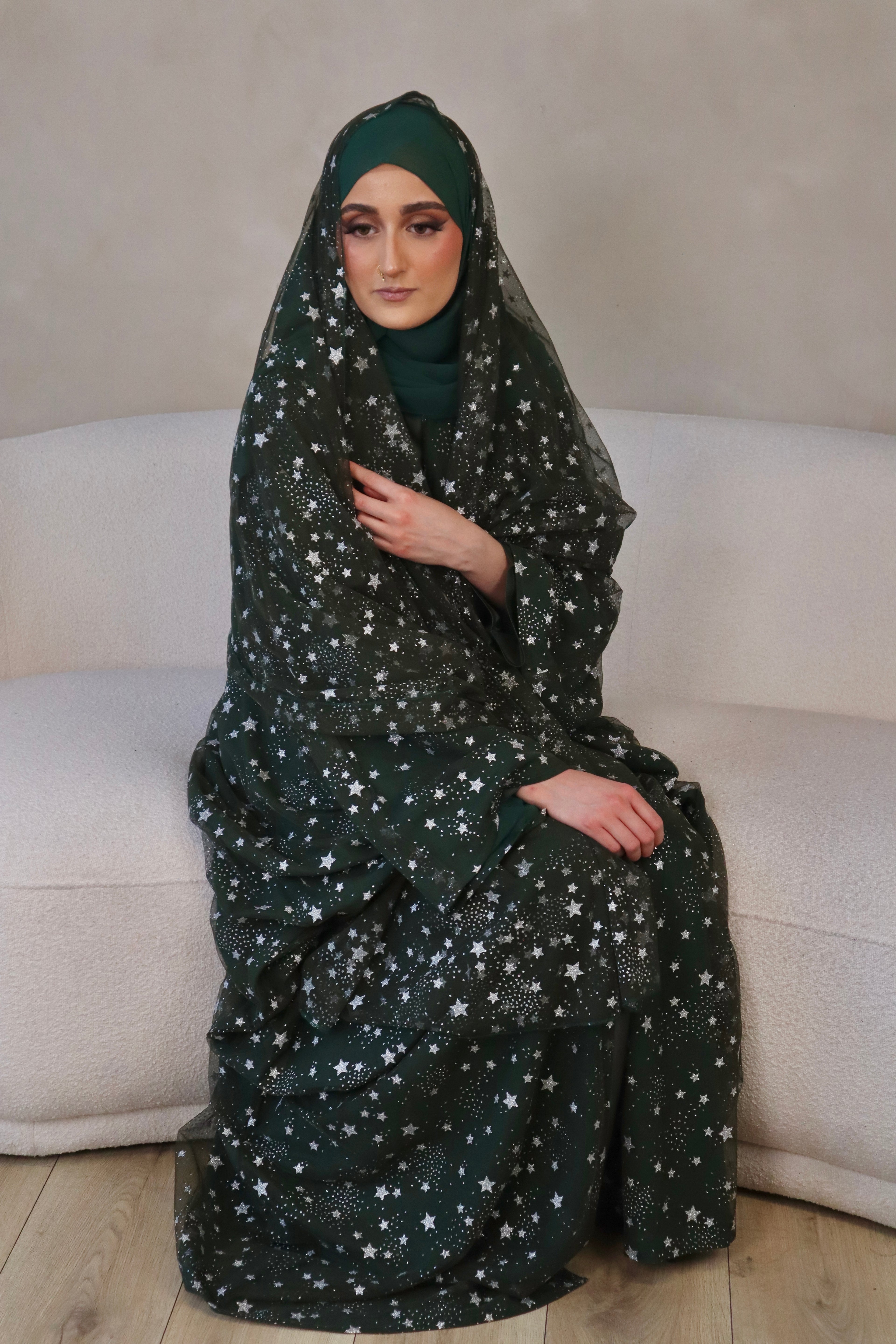 Thuraya - Women’s Sparkly Evening Abaya - Green and Silver