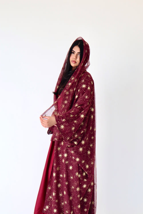 Dujā - Women’s Sparkly Evening Abaya - Burgundy and Gold