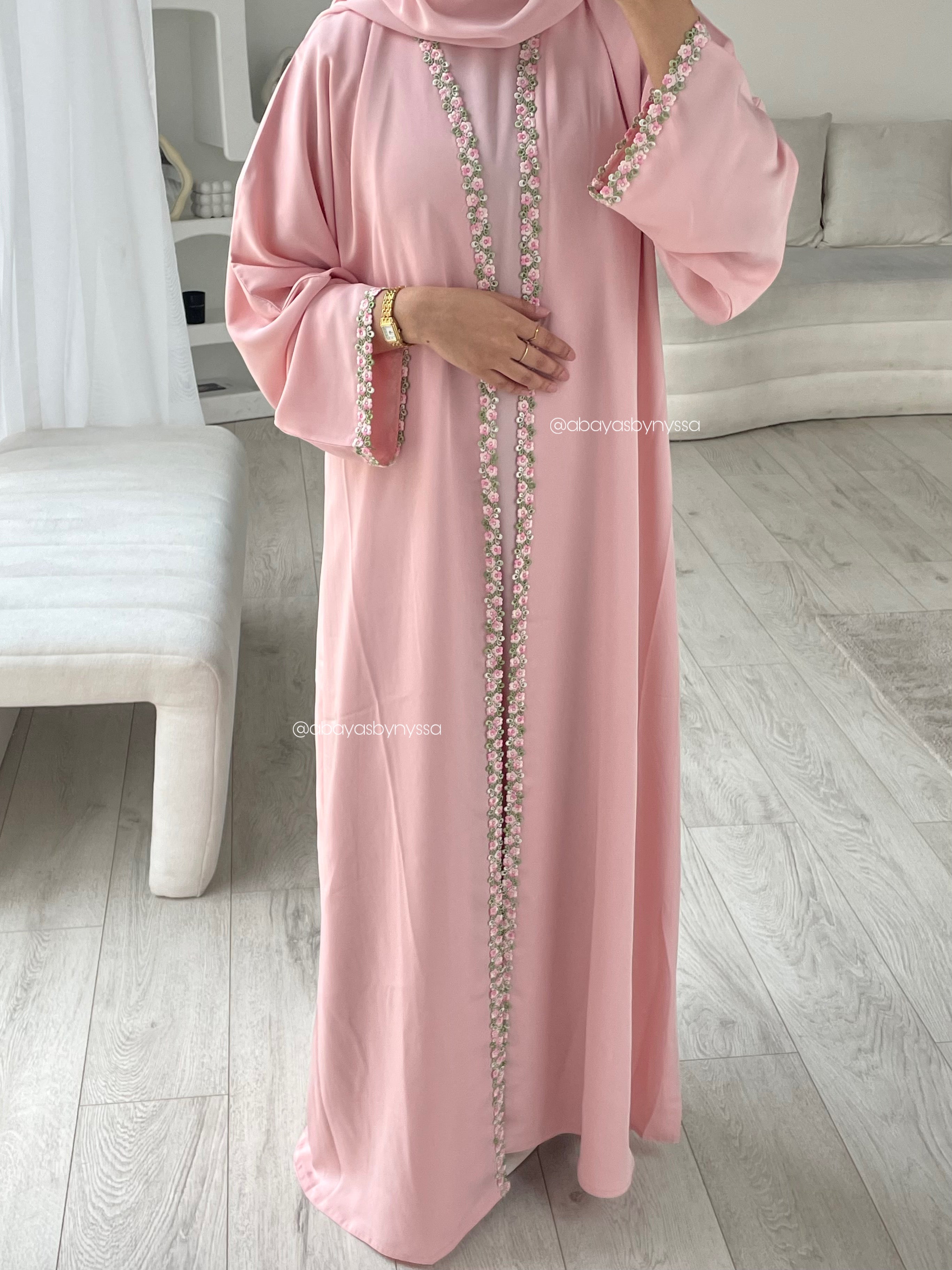 Ana Lace Abaya 3-Piece Set – Elegant Abaya with Inner Dress & Matching Hijab - Light Pink