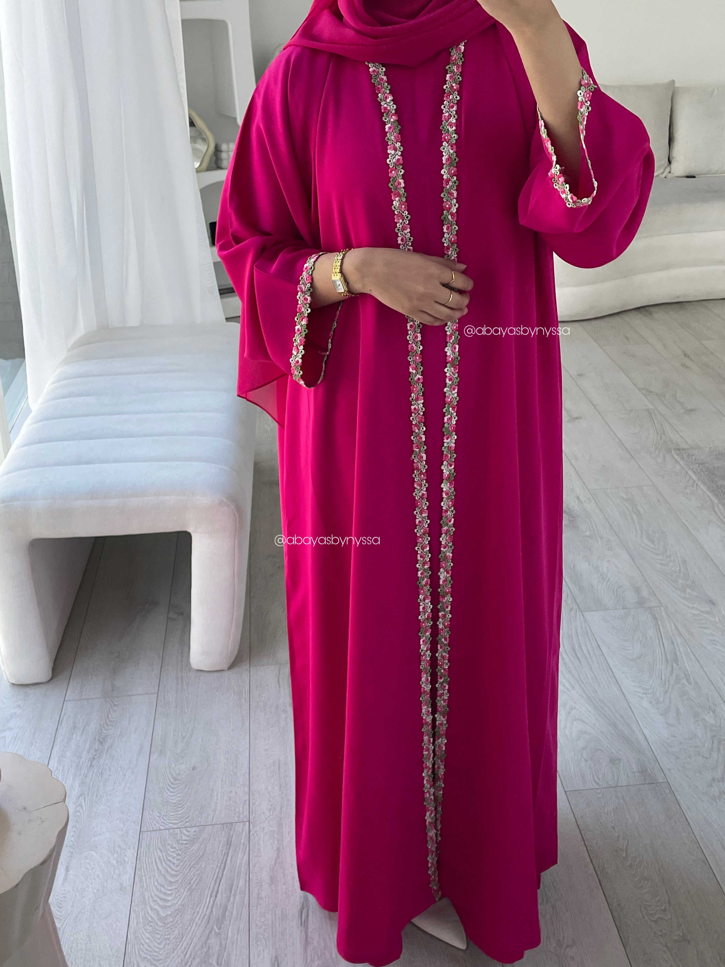 Ana Lace Abaya 3-Piece Set – Elegant Abaya with Inner Dress & Matching Hijab - Hot Pink