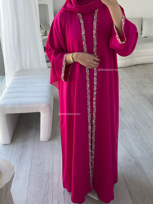 Ana Lace Abaya 3-Piece Set – Elegant Abaya with Inner Dress & Matching Hijab - Hot Pink