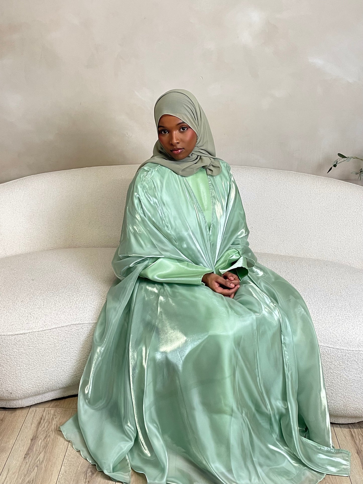 Noor Abaya – Elegant Organza Evening Wear - Mint Green