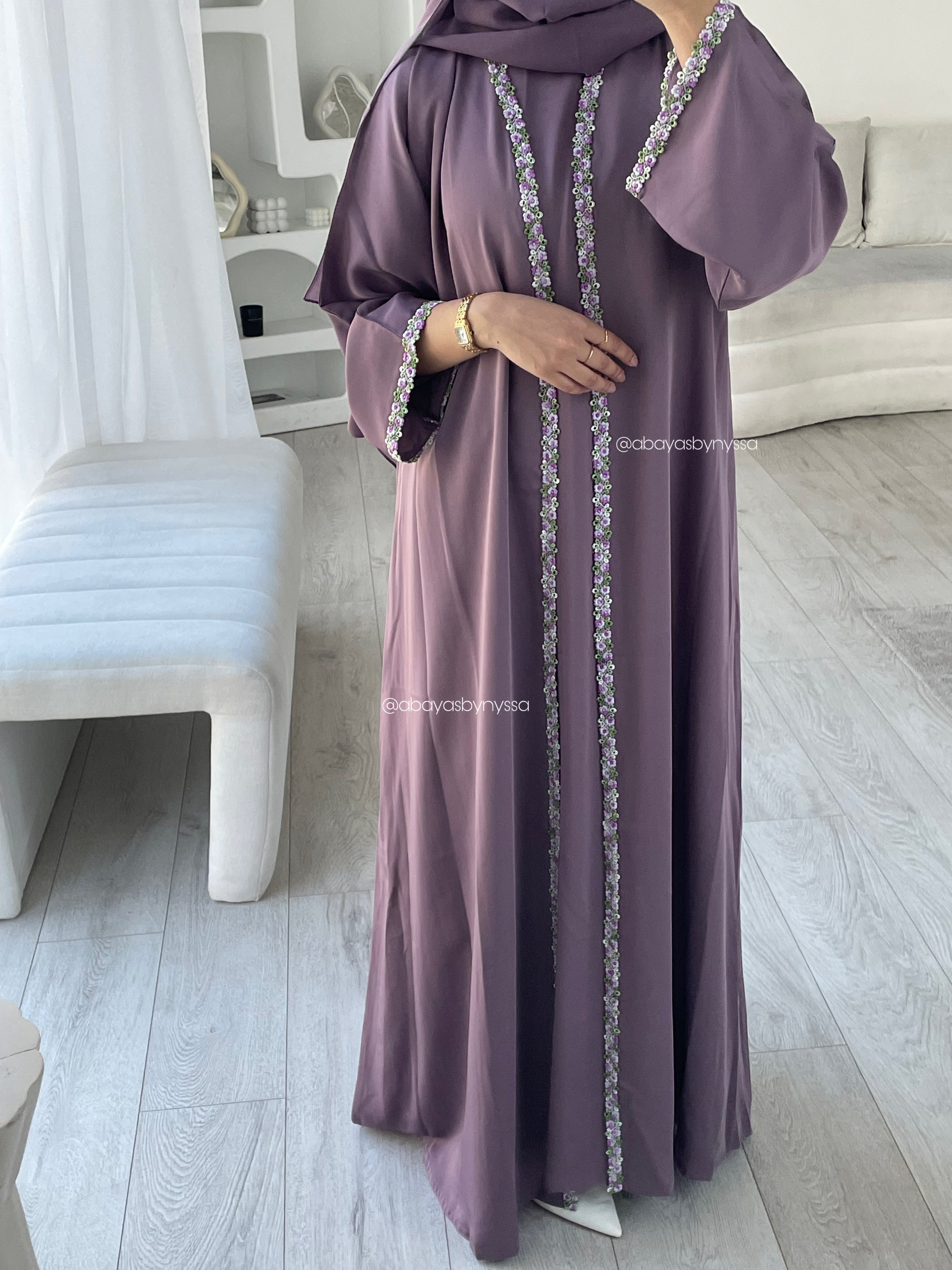 Ana Lace Abaya 3-Piece Set – Elegant Abaya with Inner Dress & Matching Hijab - Purple