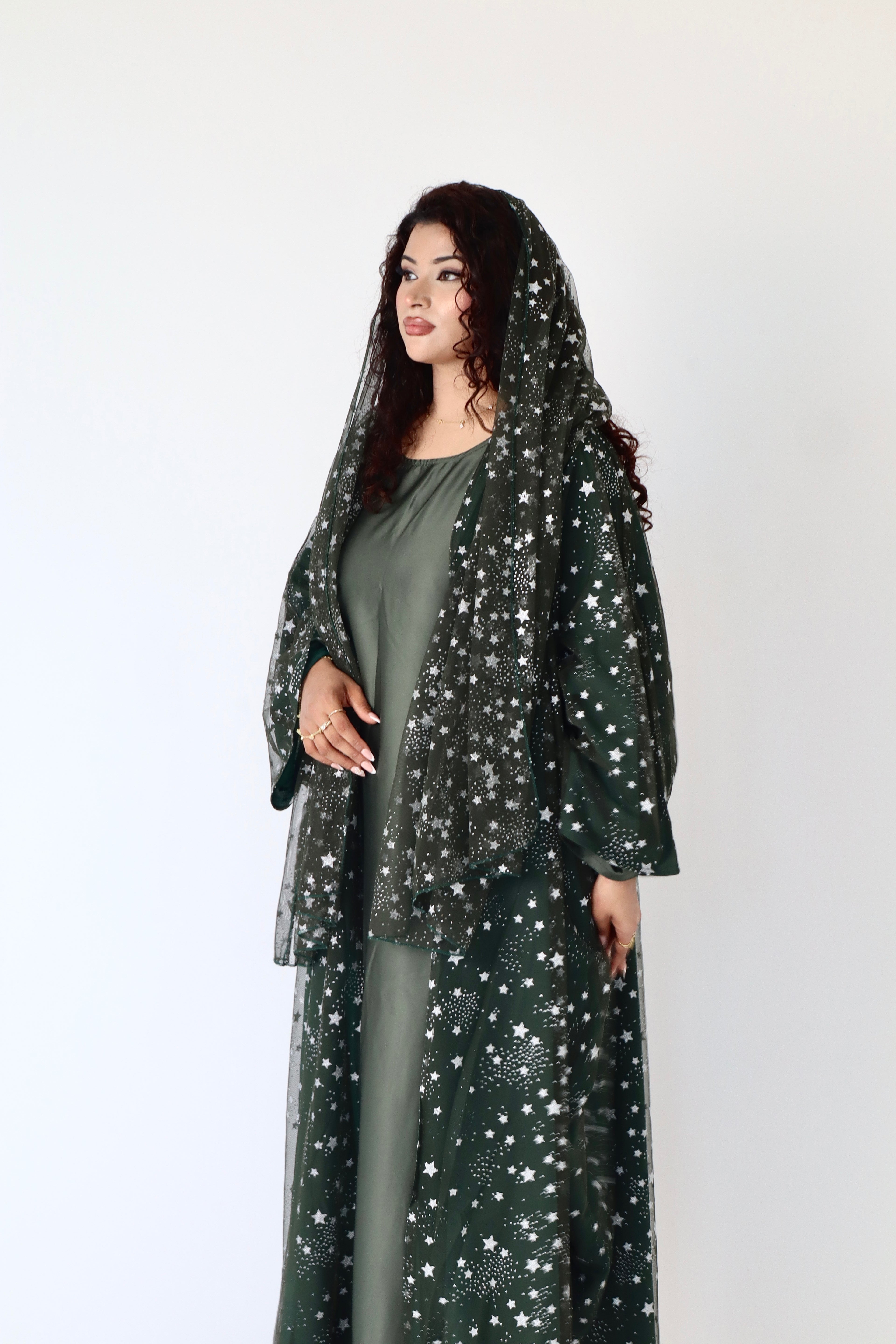 Thuraya - Women’s Sparkly Evening Abaya - Green and Silver