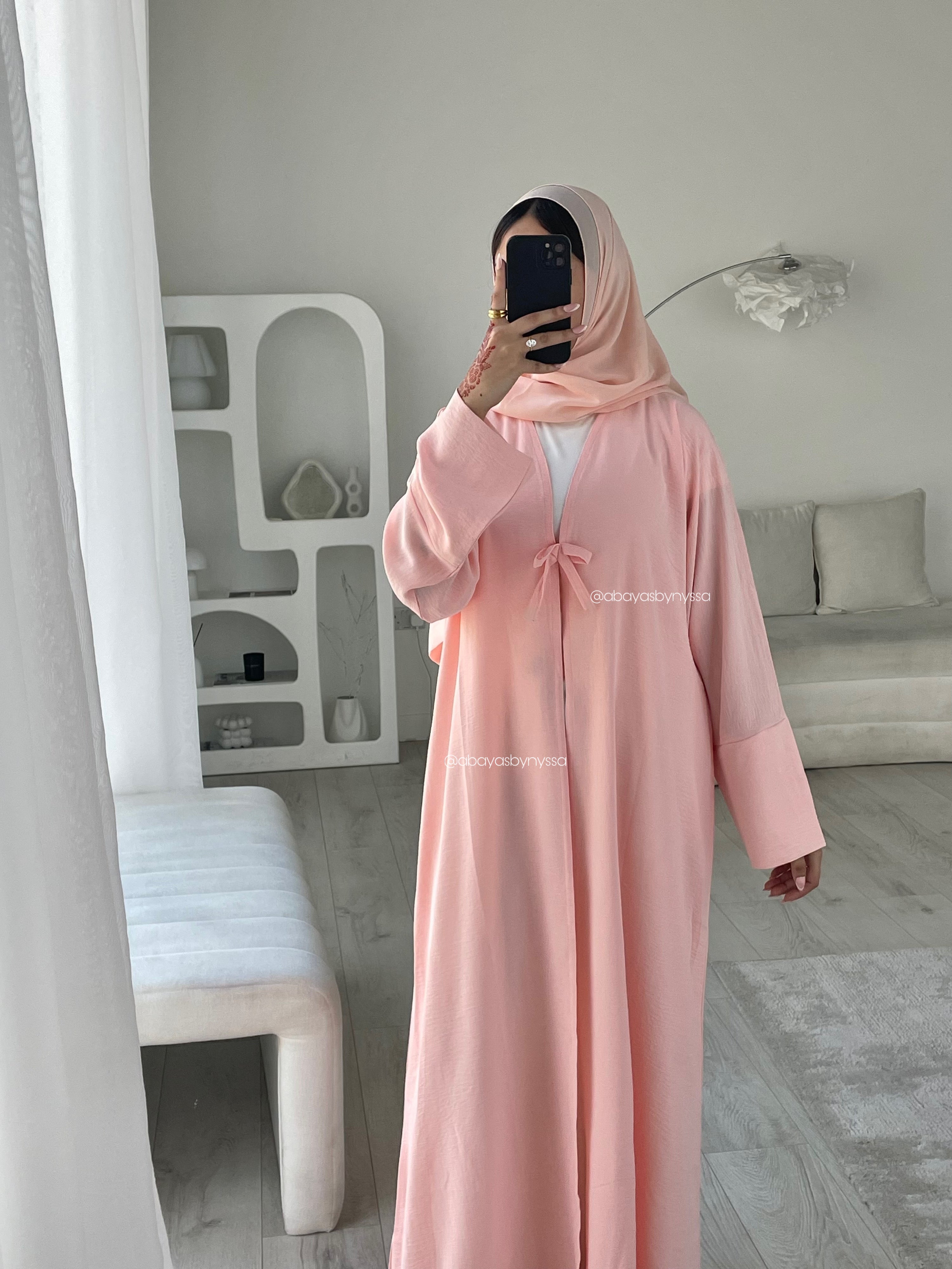Bow Button Abaya – ‘Coral Pink’
