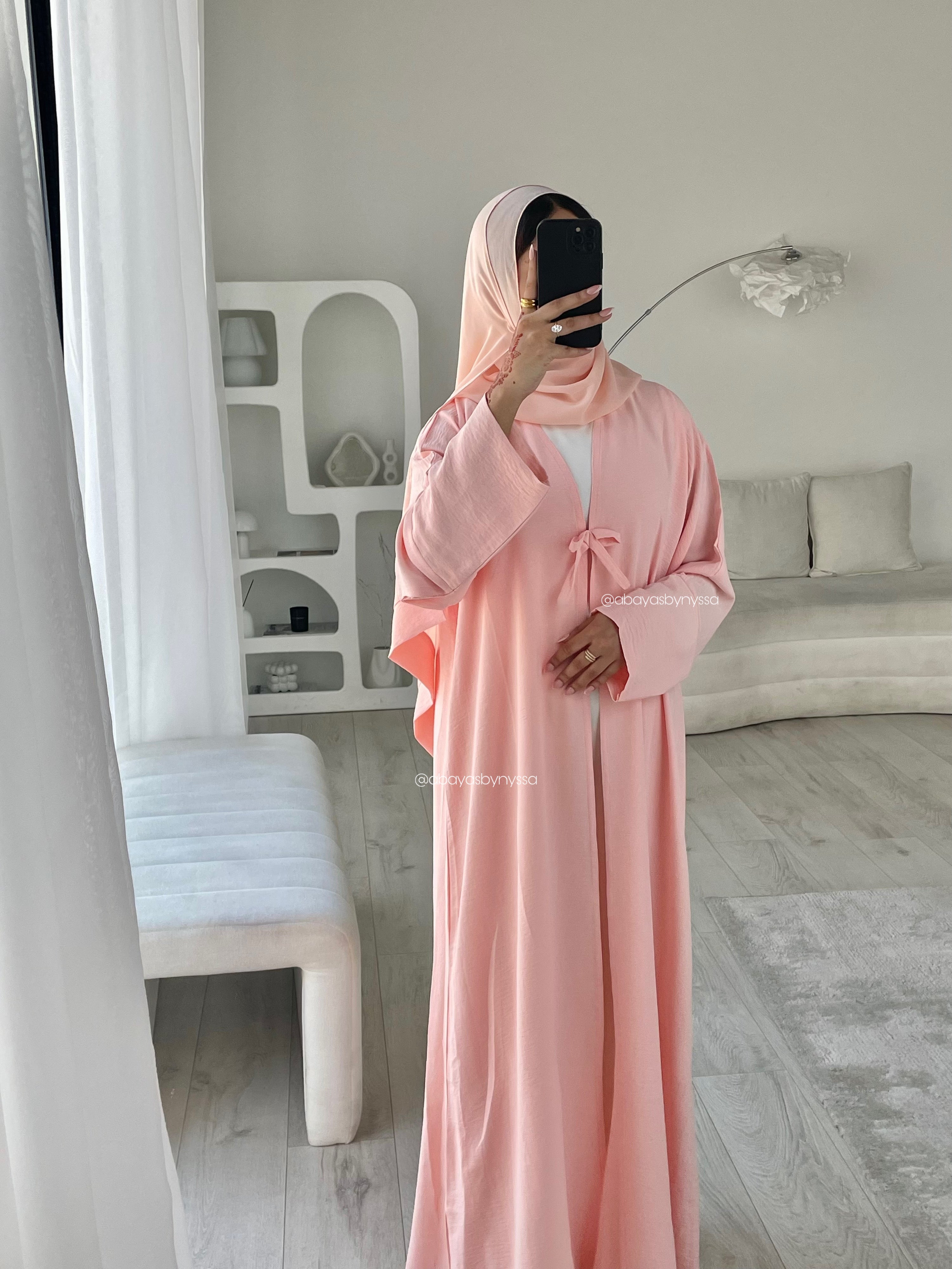 Bow Button Abaya – ‘Coral Pink’