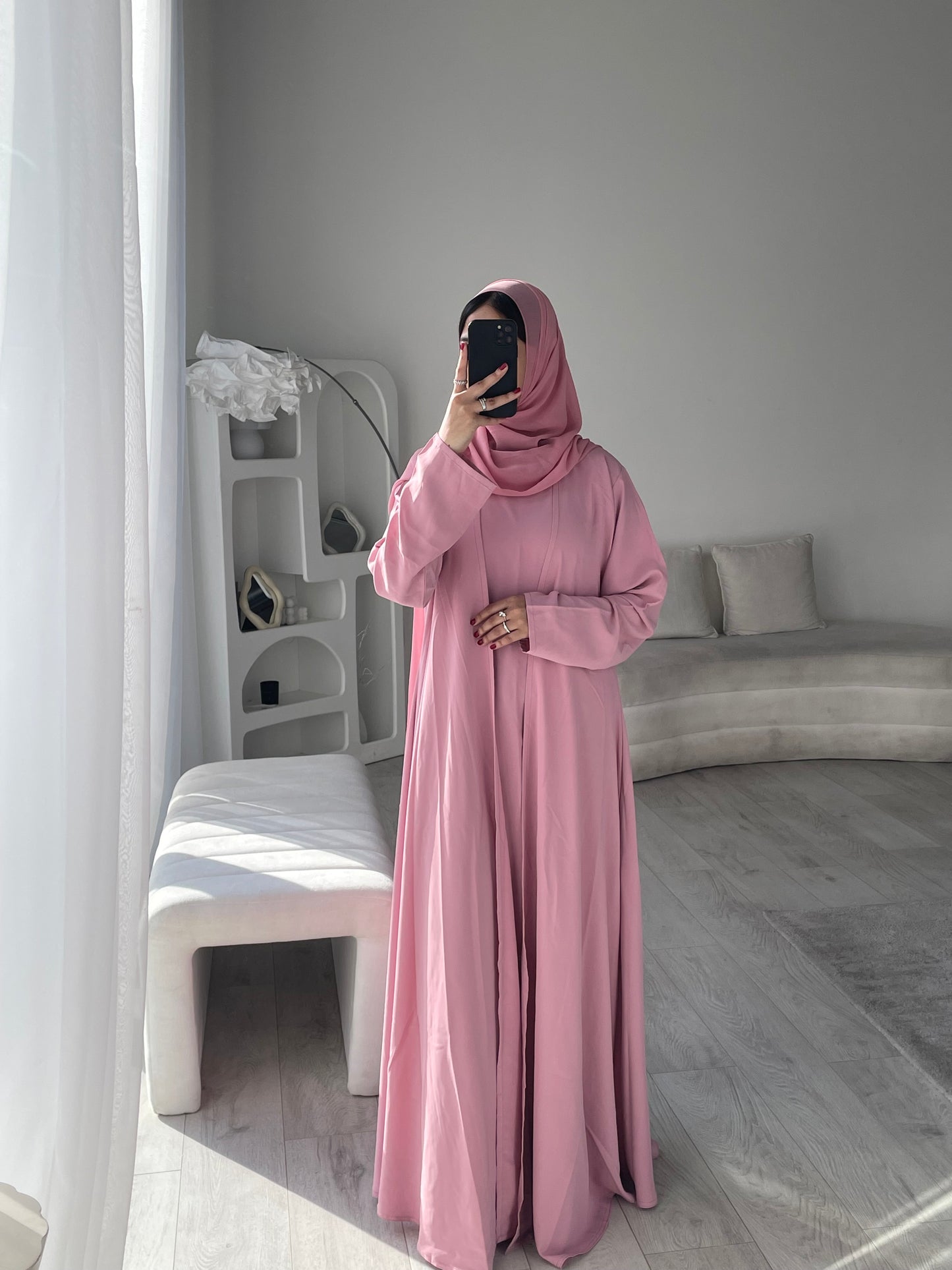 HANA 3-Piece Abaya Set – Lightweight with Inner Dress, Open Abaya & Hijab - Dusty Rose