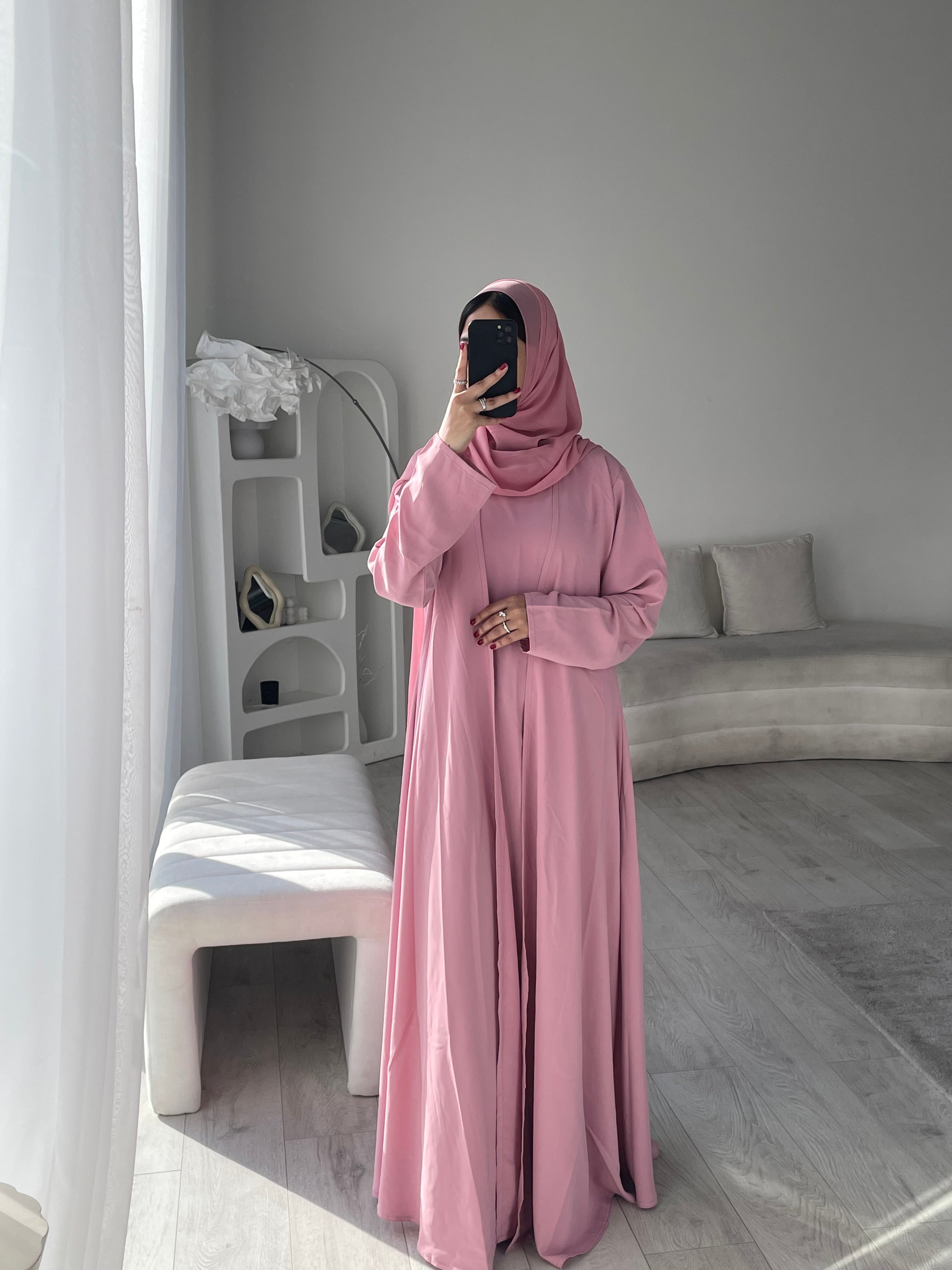 HANA 3-Piece Abaya Set – Lightweight with Inner Dress, Open Abaya & Hijab - Light Pink