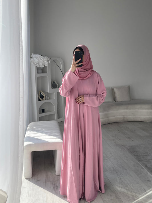HANA 3-Piece Abaya Set – Lightweight with Inner Dress, Open Abaya & Hijab - Dusty Rose