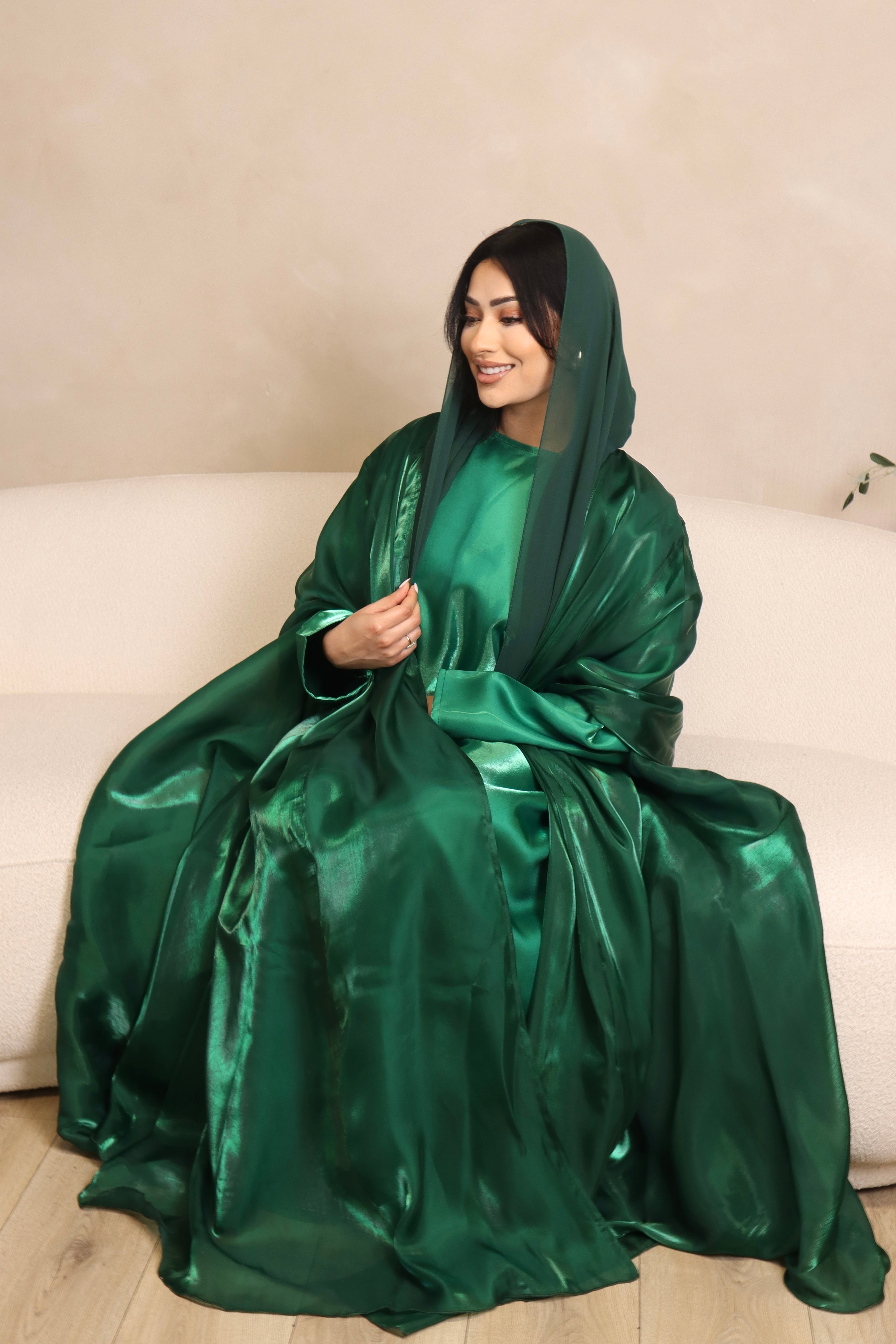 Noor Abaya – Elegant Organza Evening Wear - Emerald Green