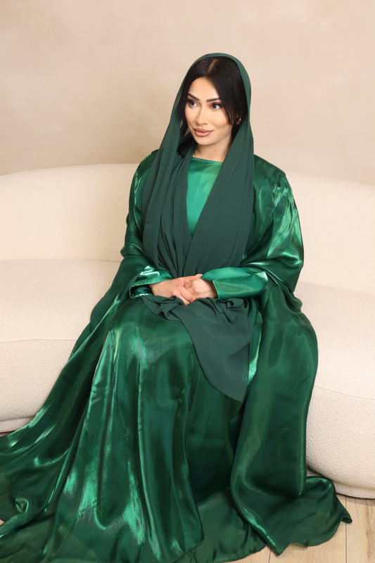 Noor Abaya – Elegant Organza Evening Wear - Emerald Green