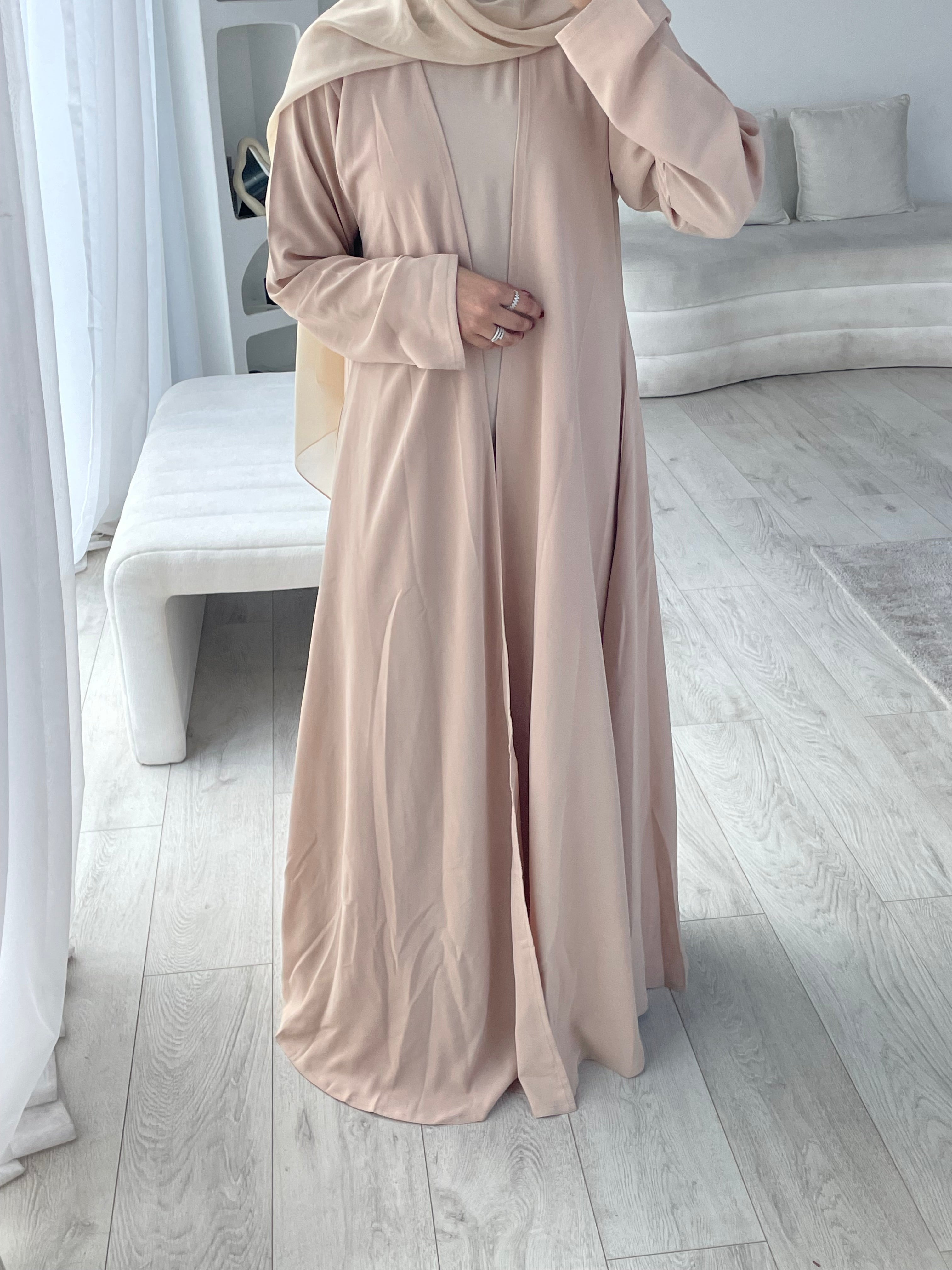 HANA 3-Piece Abaya Set – Lightweight with Inner Dress, Open Abaya & Hijab - Nude Beige