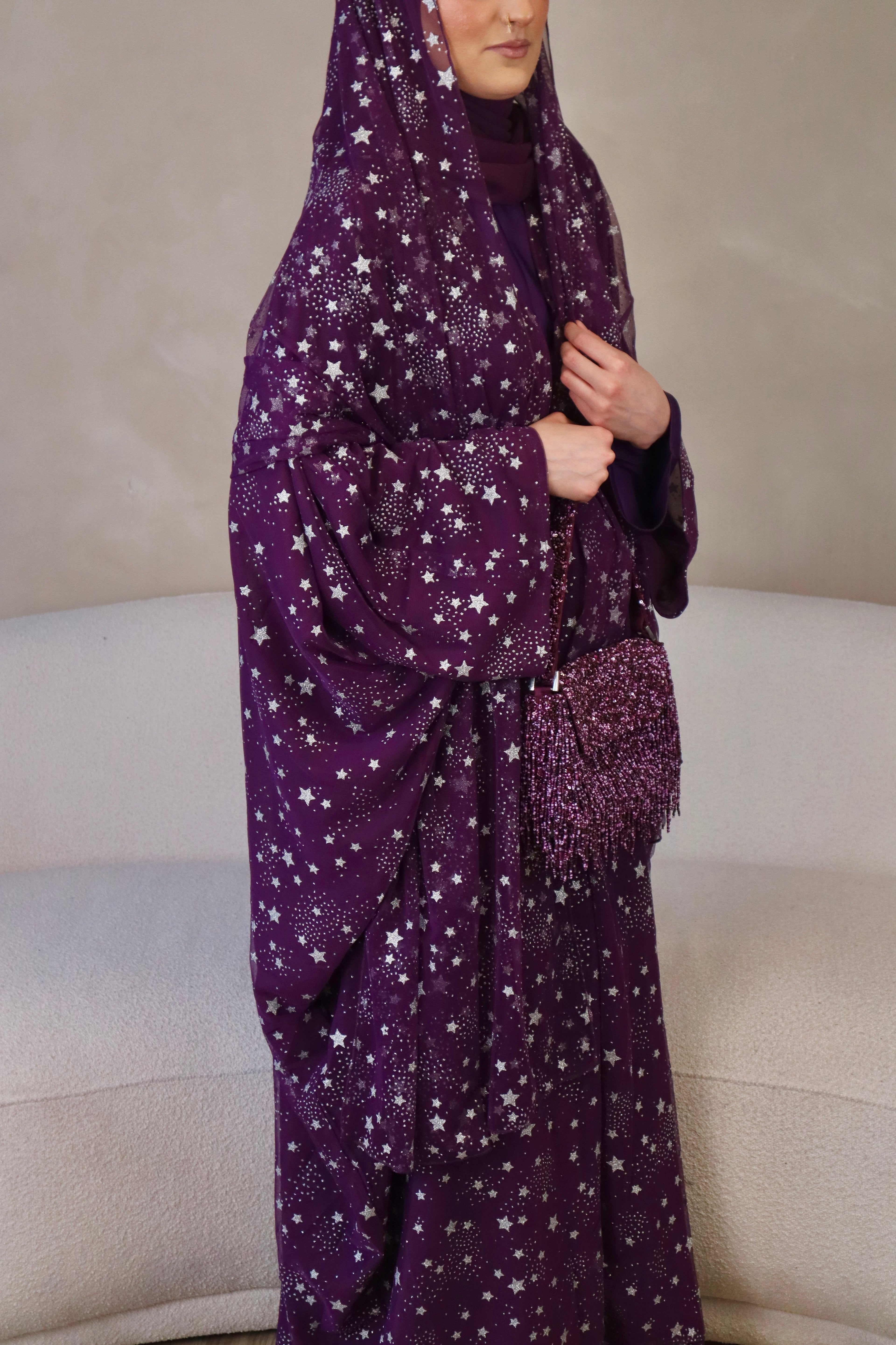 Thuraya - Women’s Sparkly Evening Abaya - Purple and Silver