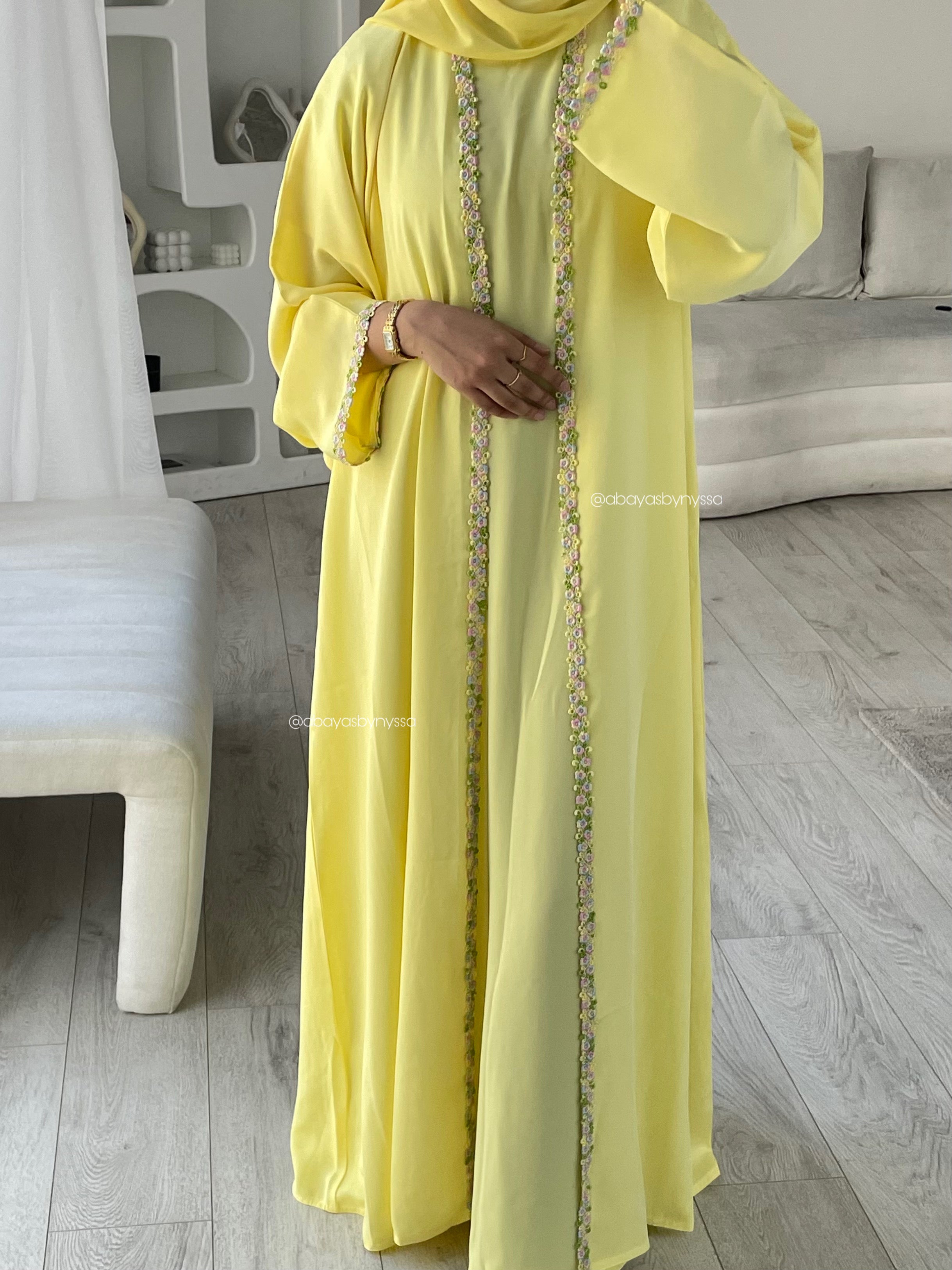 Ana Lace Abaya 3-Piece Set – Elegant Abaya with Inner Dress & Matching Hijab - Yellow
