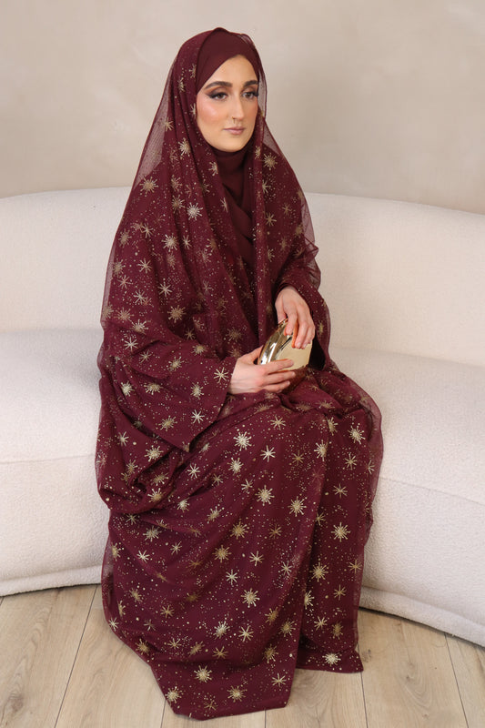 Dujā - Women’s Sparkly Evening Abaya - Burgundy and Gold