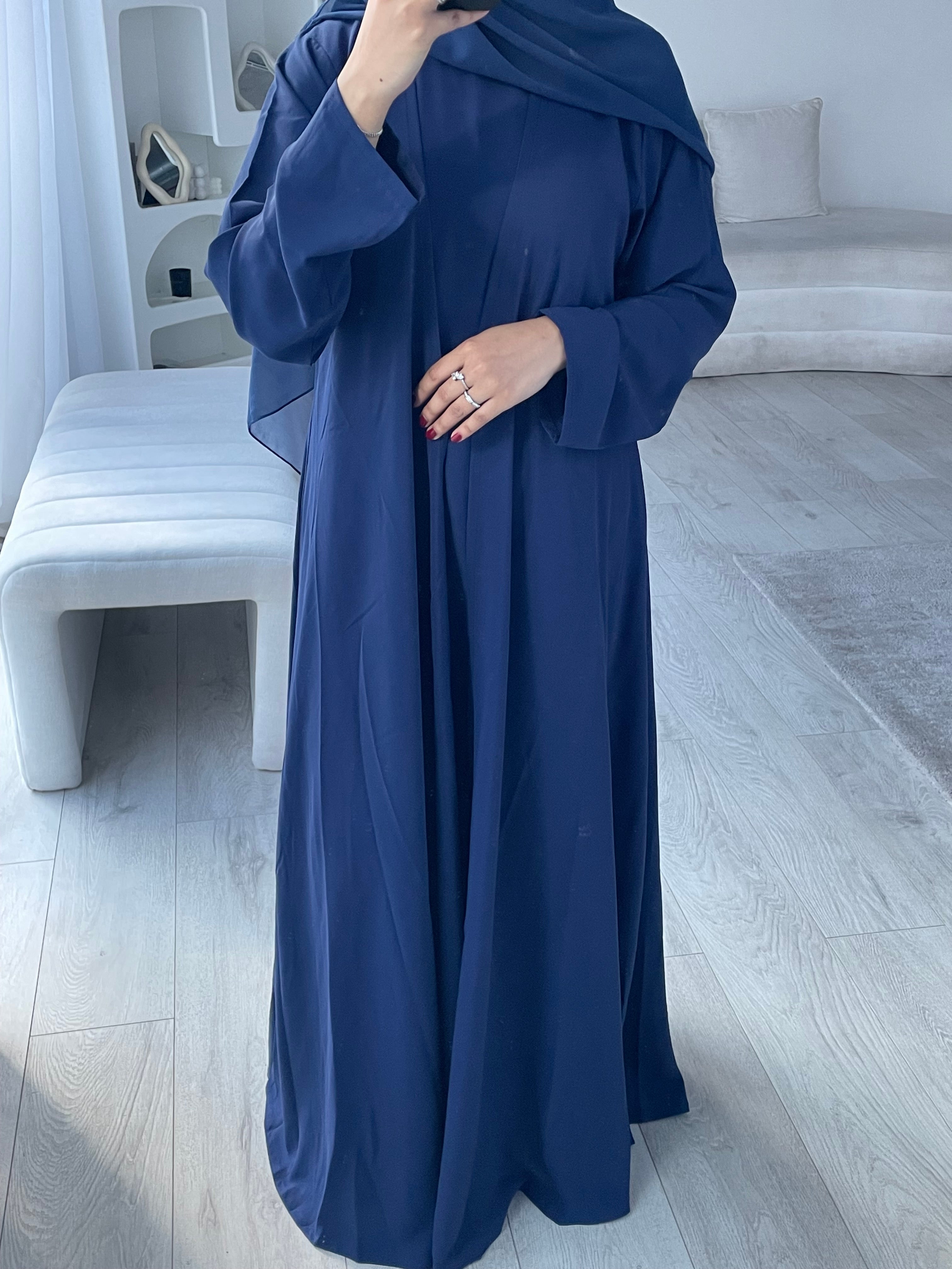 HANA 3-Piece Abaya Set – Lightweight with Inner Dress, Open Abaya & Hijab - Navy Blue