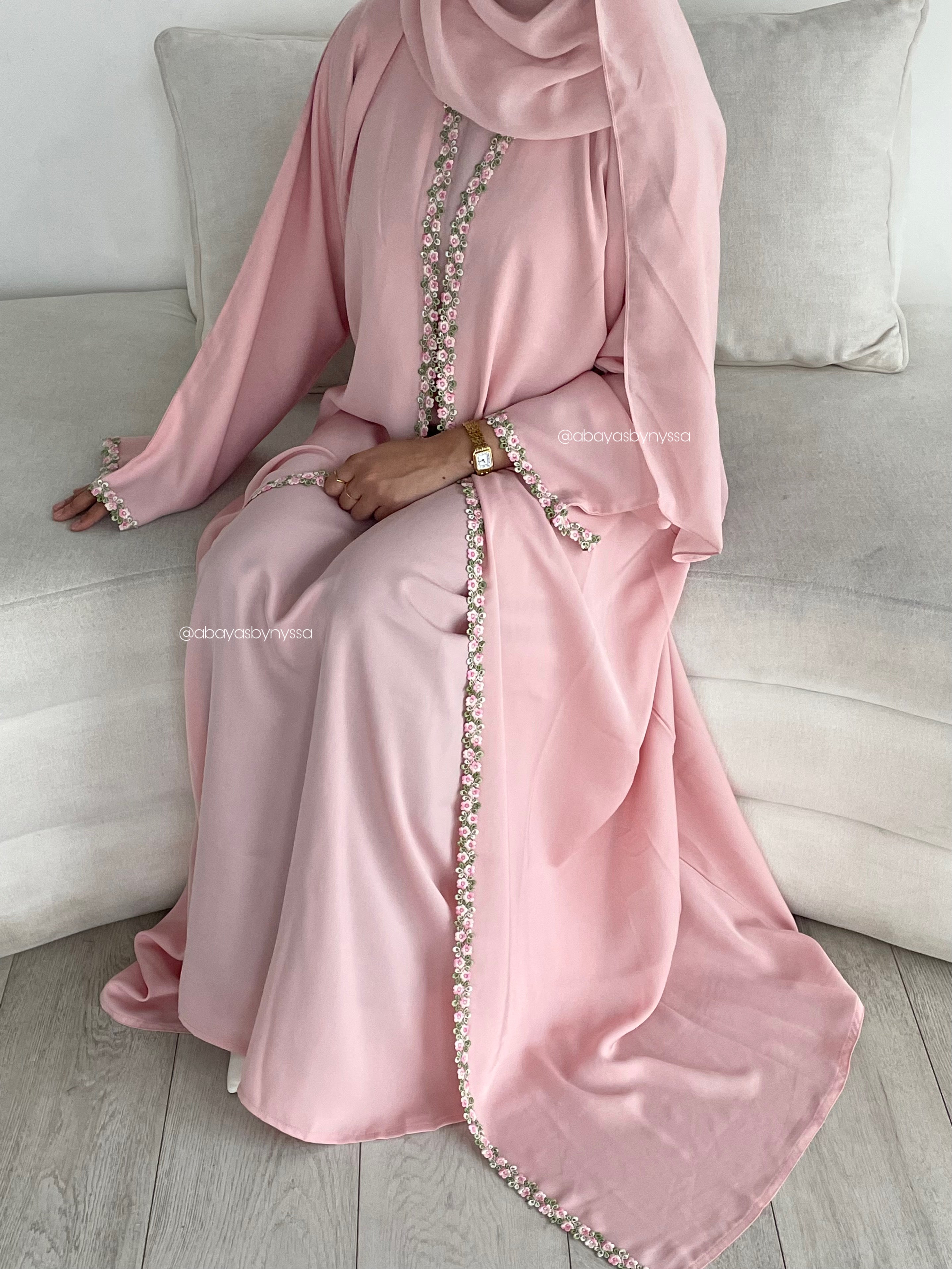 Ana Lace Abaya 3-Piece Set – Elegant Abaya with Inner Dress & Matching Hijab - Light Pink