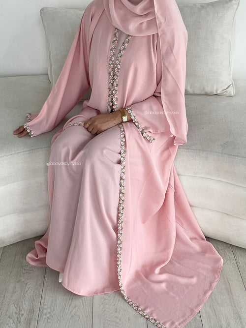 Ana Lace Abaya 3-Piece Set – Elegant Abaya with Inner Dress & Matching Hijab - Light Pink