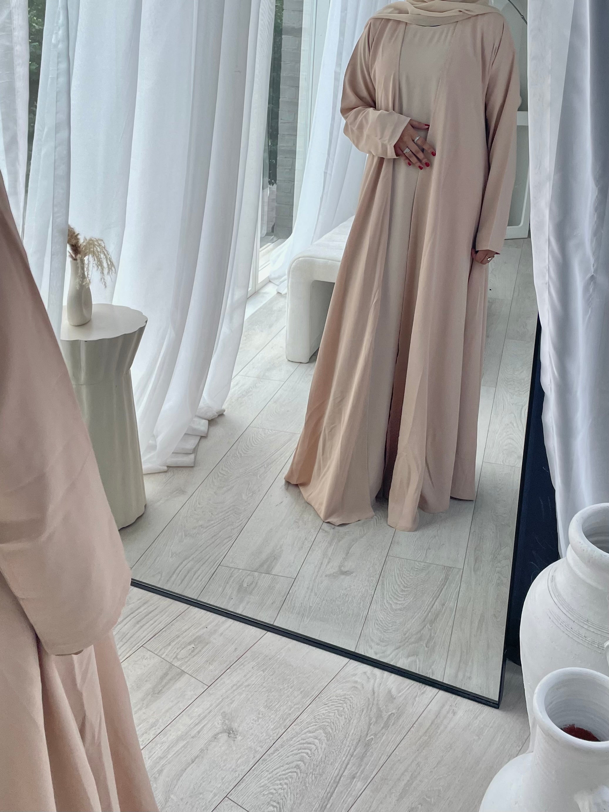 HANA 3-Piece Abaya Set – Lightweight with Inner Dress, Open Abaya & Hijab - Nude Beige