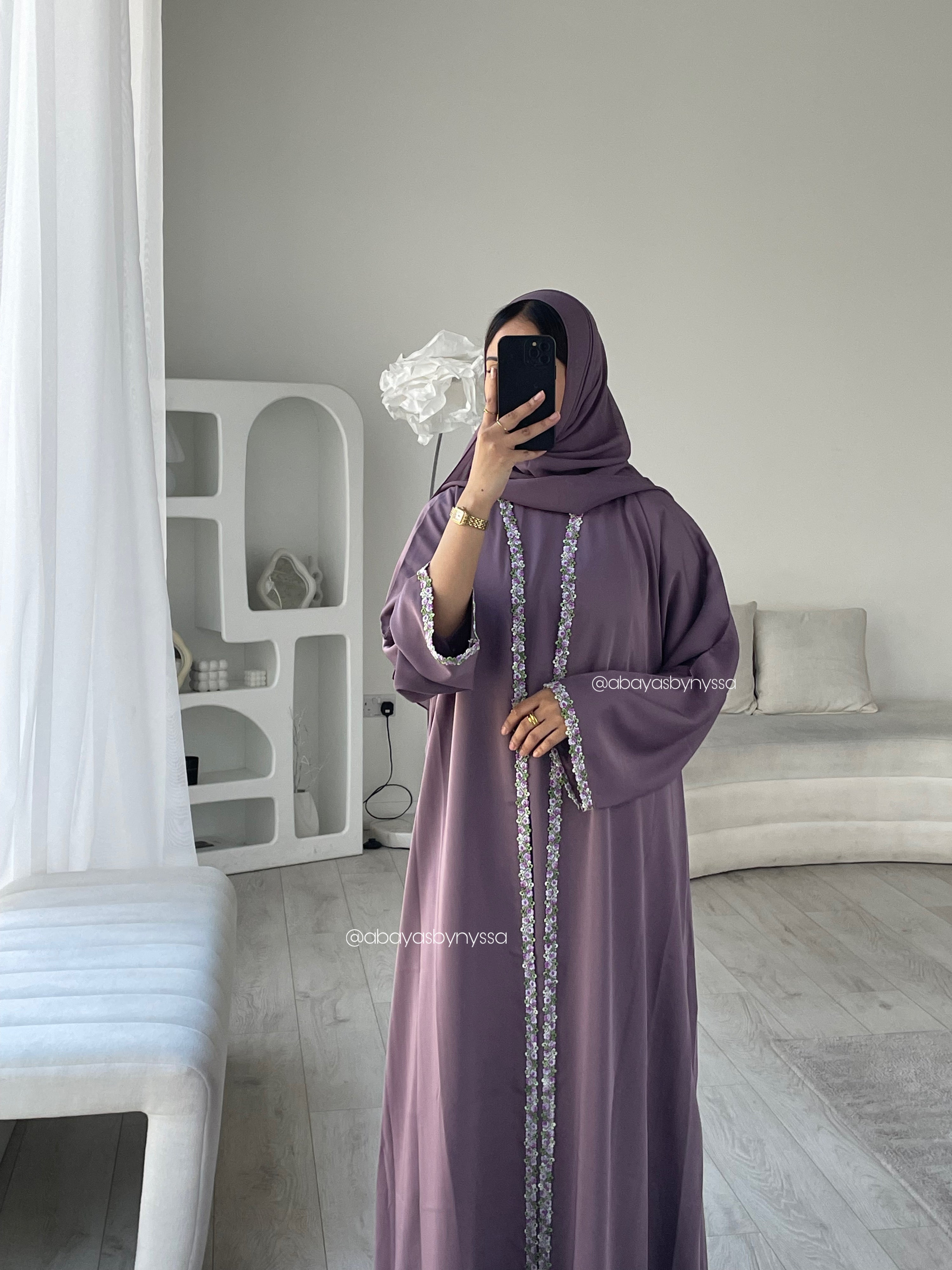 Ana Lace Abaya 3-Piece Set – Elegant Abaya with Inner Dress & Matching Hijab - Purple