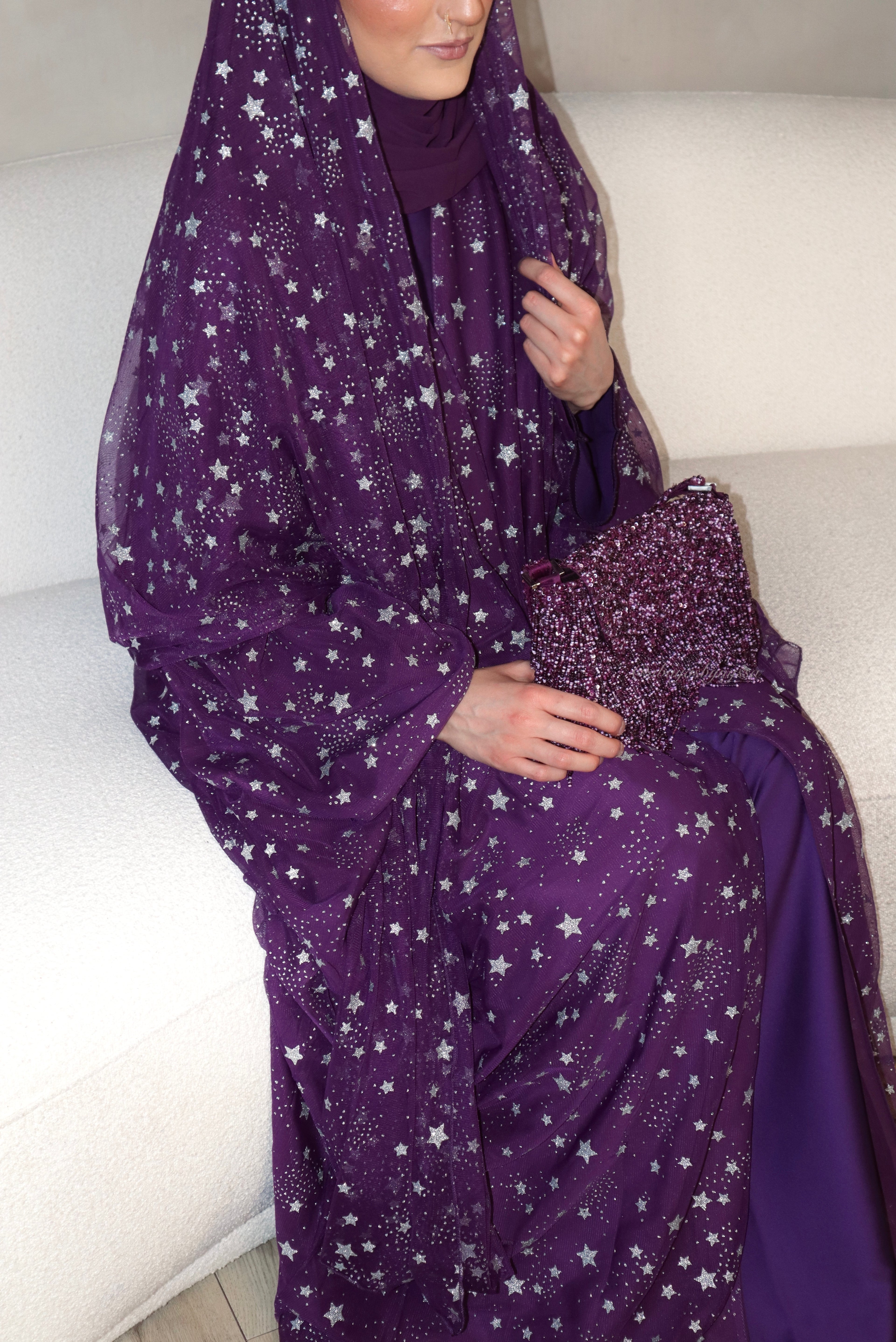 Thuraya - Women’s Sparkly Evening Abaya - Purple and Silver