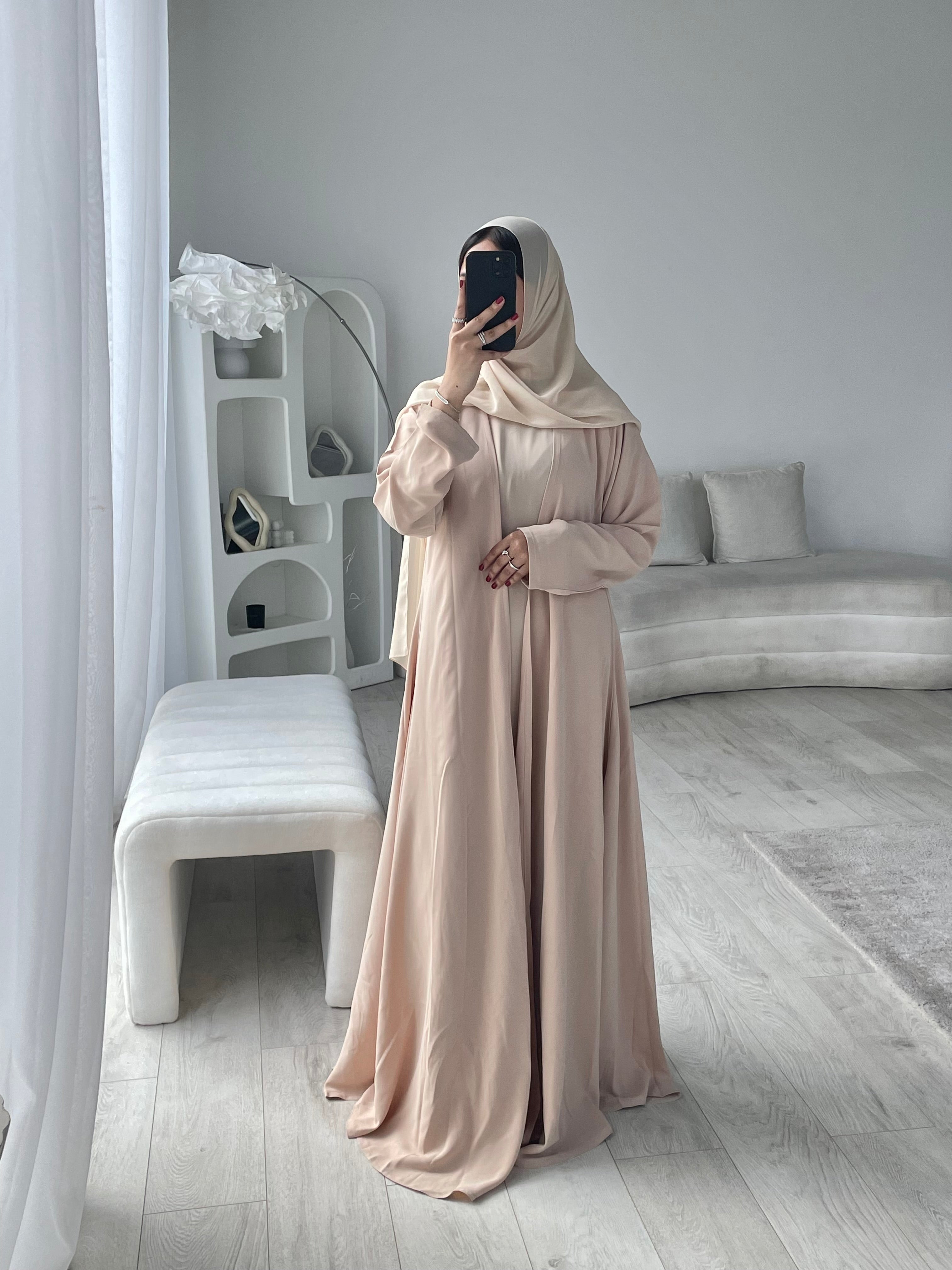 HANA 3-Piece Abaya Set – Lightweight with Inner Dress, Open Abaya & Hijab - Nude Beige