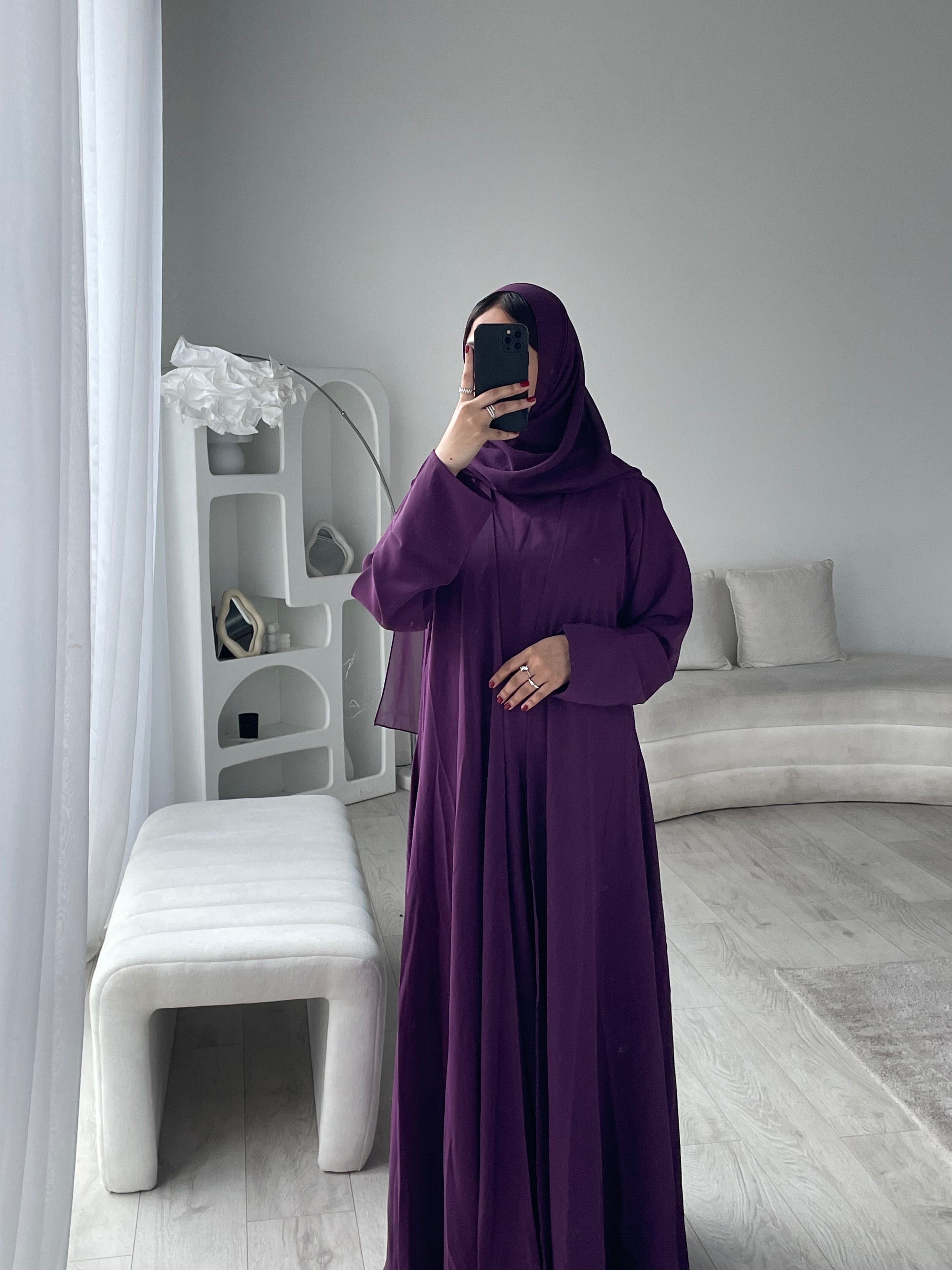 HANA 3-Piece Abaya Set – Lightweight with Inner Dress, Open Abaya & Hijab - Plum