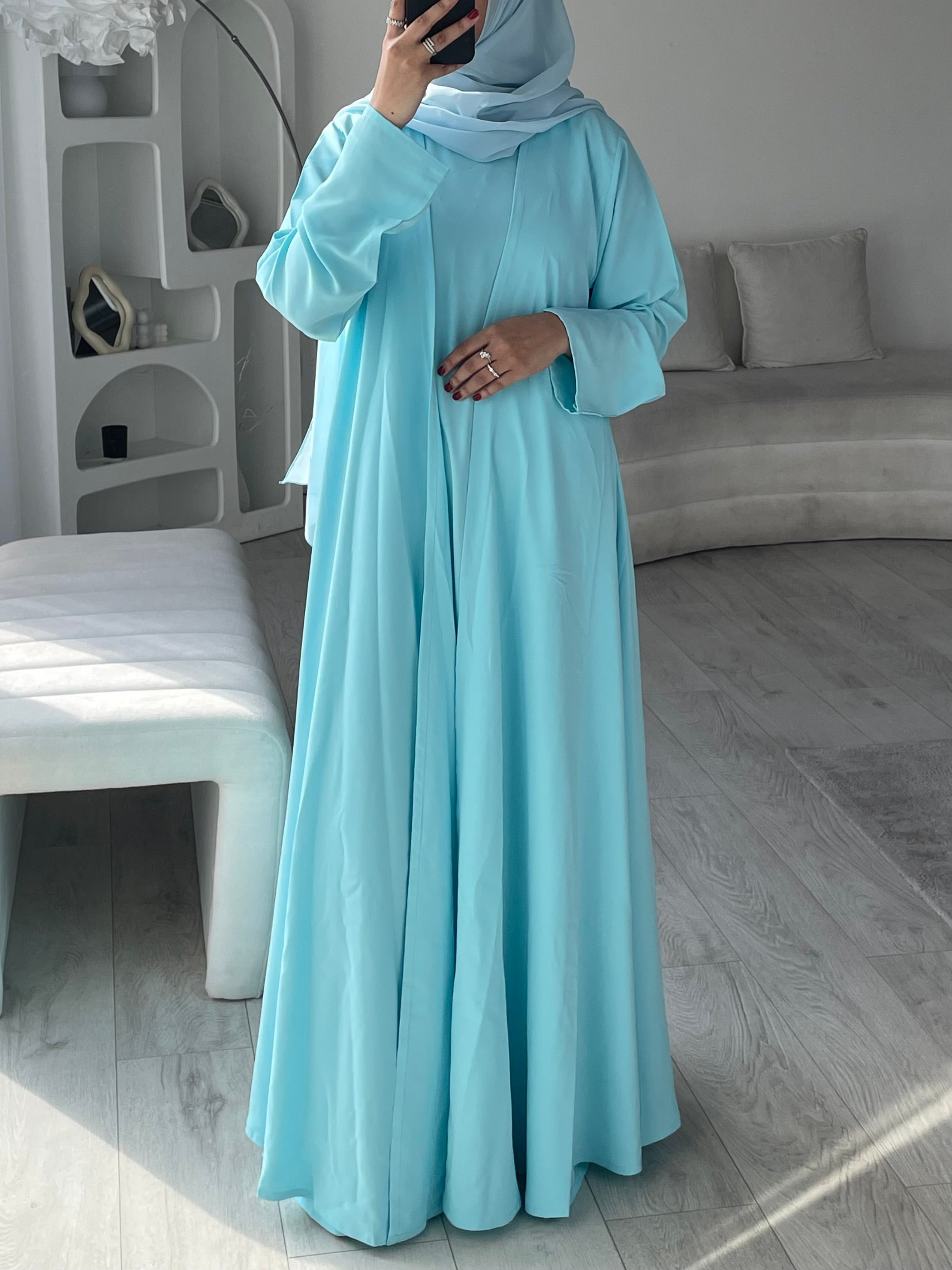 HANA 3-Piece Abaya Set – Lightweight with Inner Dress, Open Abaya & Hijab - Baby Blue