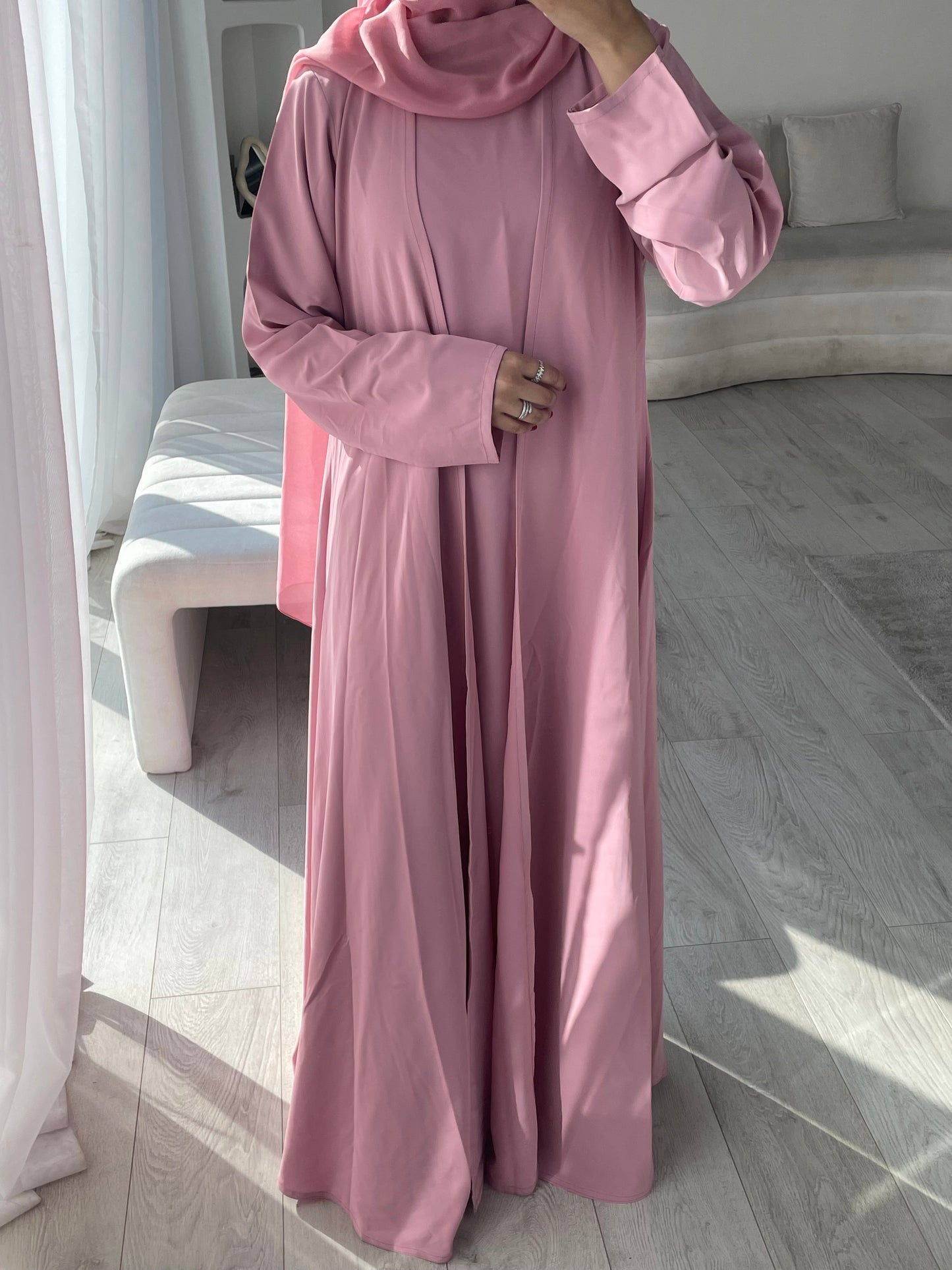 HANA 3-Piece Abaya Set – Lightweight with Inner Dress, Open Abaya & Hijab - Dusty Rose