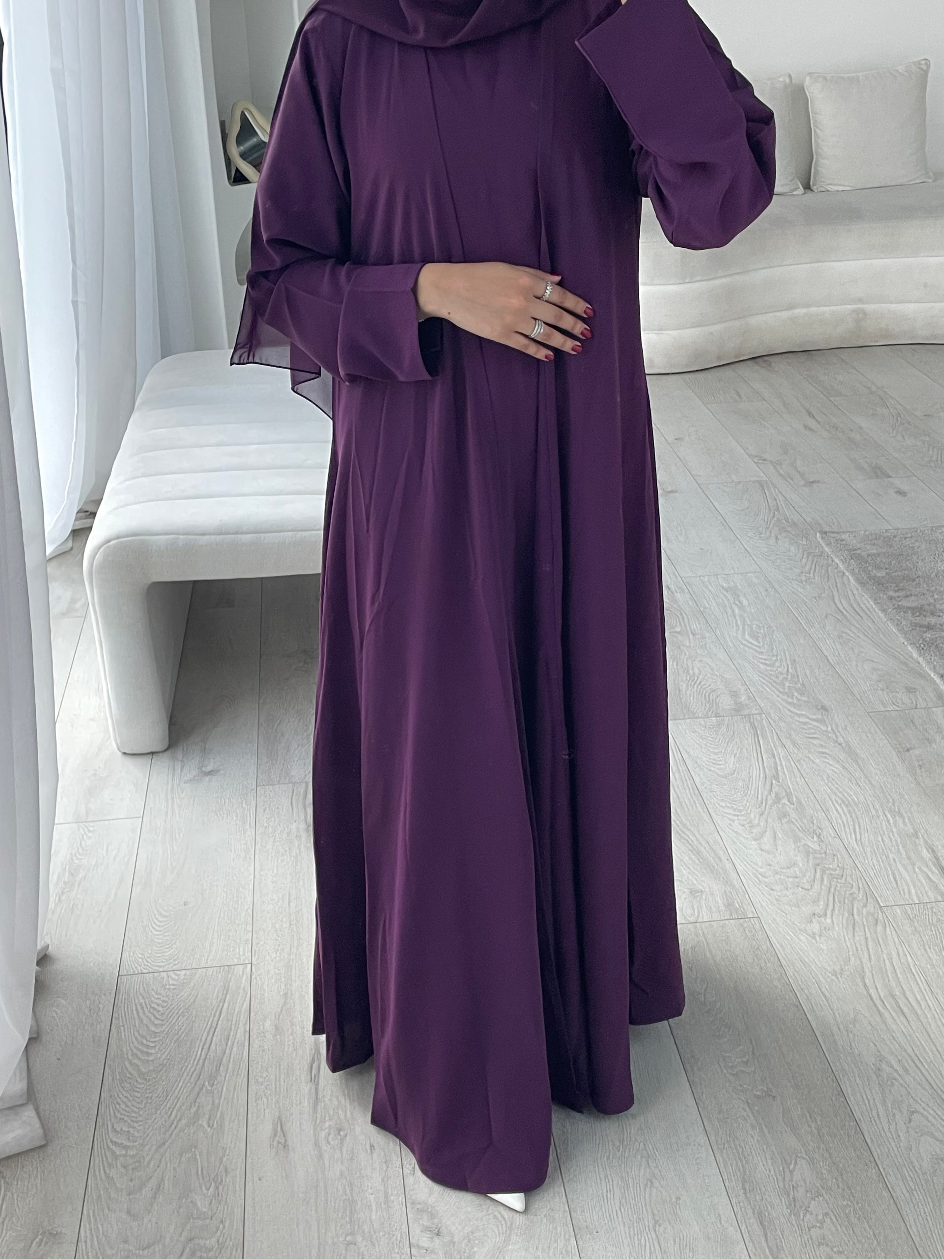 HANA 3-Piece Abaya Set – Lightweight with Inner Dress, Open Abaya & Hijab - Plum