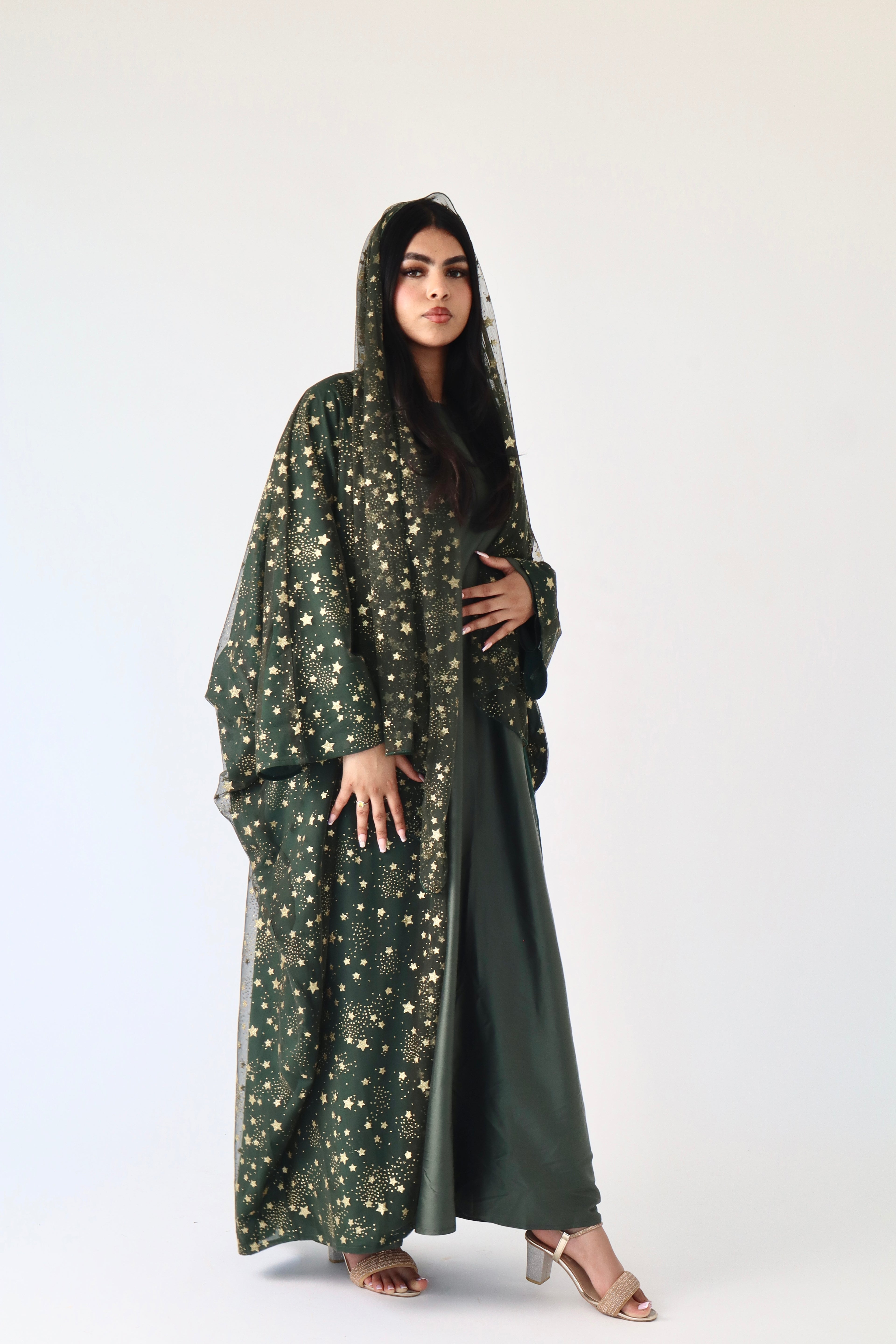 Thuraya - Women’s Sparkly Evening Abaya - Green and Gold