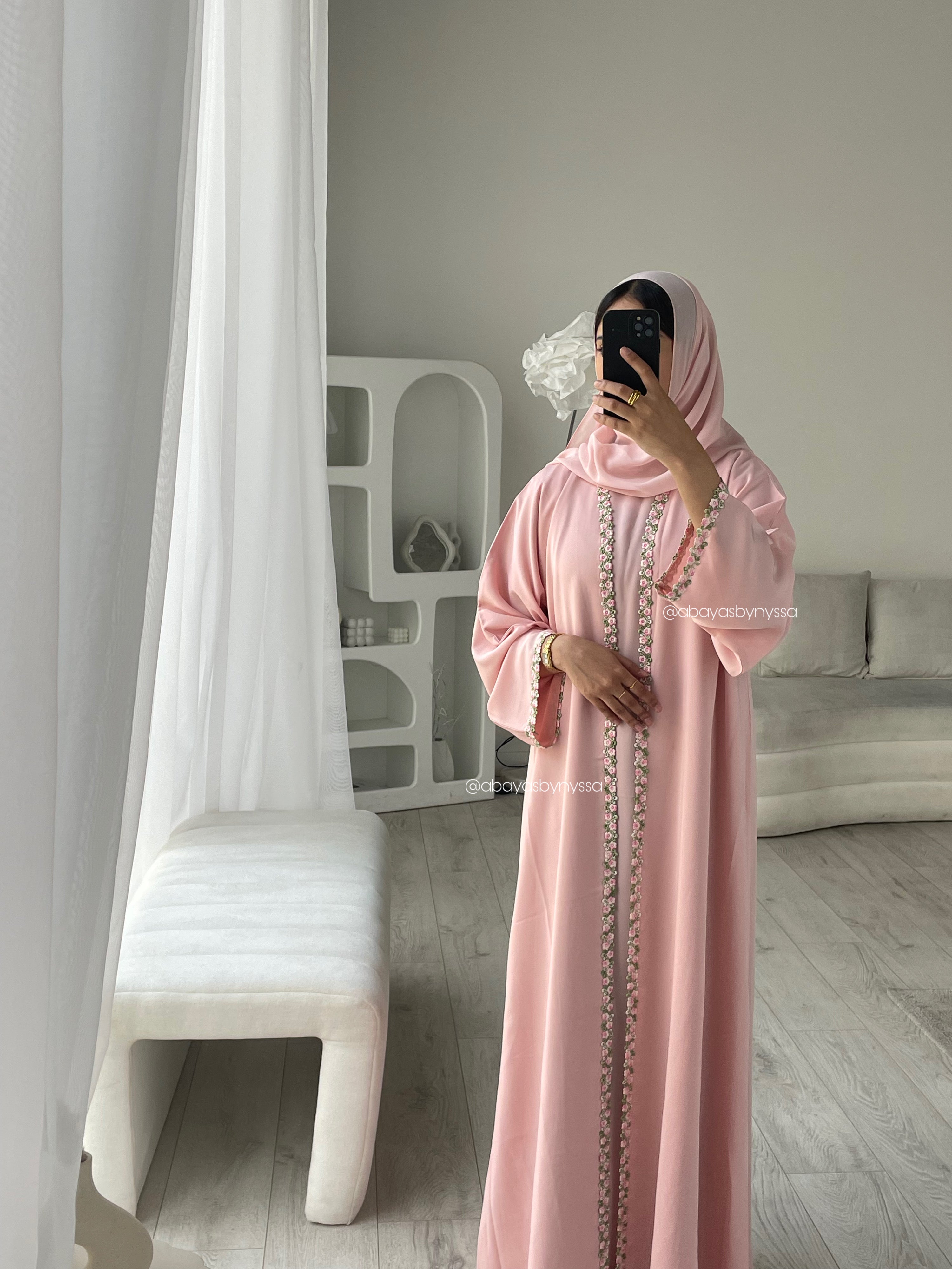 Ana Lace Abaya 3-Piece Set – Elegant Abaya with Inner Dress & Matching Hijab - Light Pink
