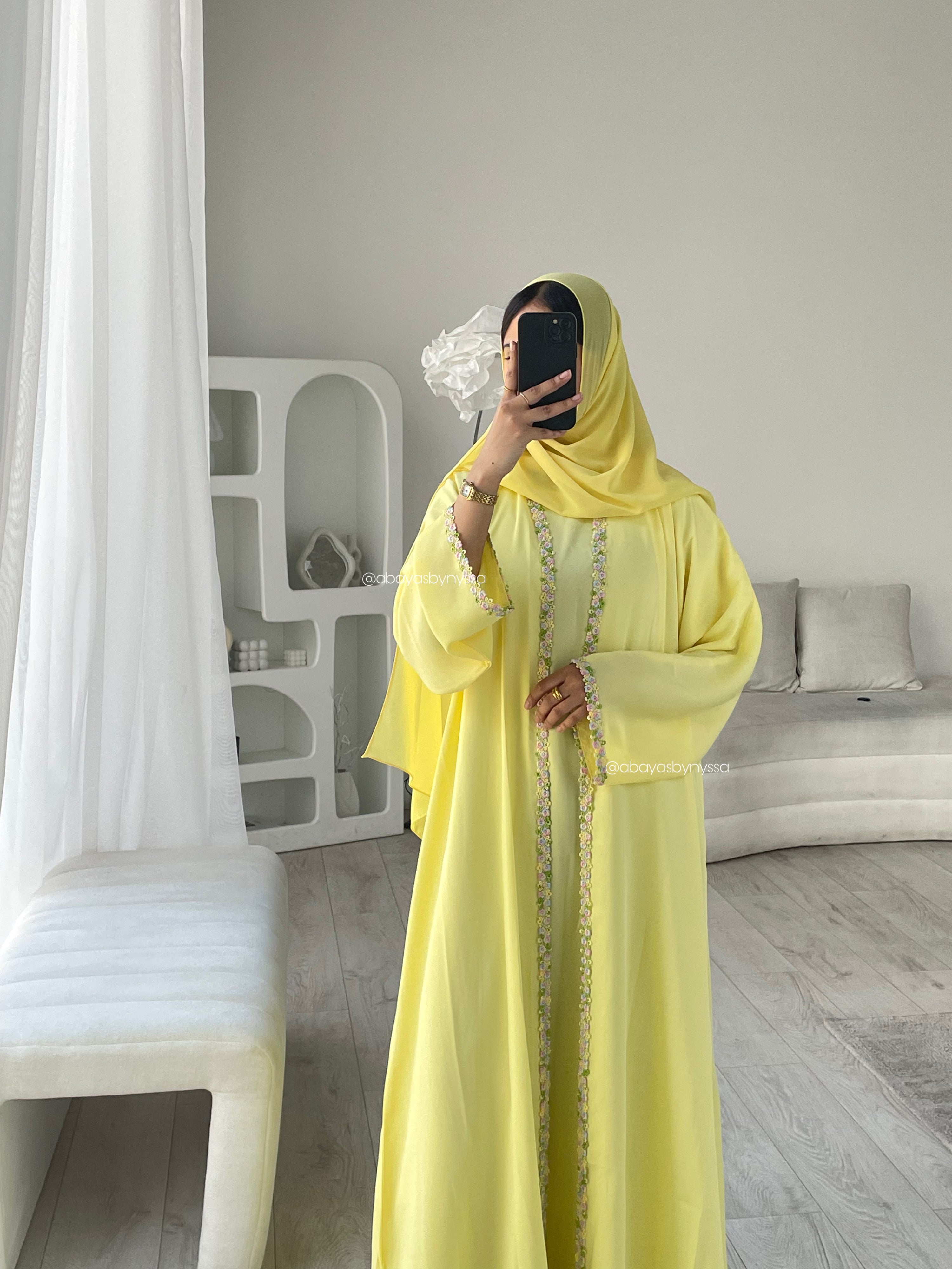 Ana Lace Abaya 3-Piece Set – Elegant Abaya with Inner Dress & Matching Hijab - Yellow