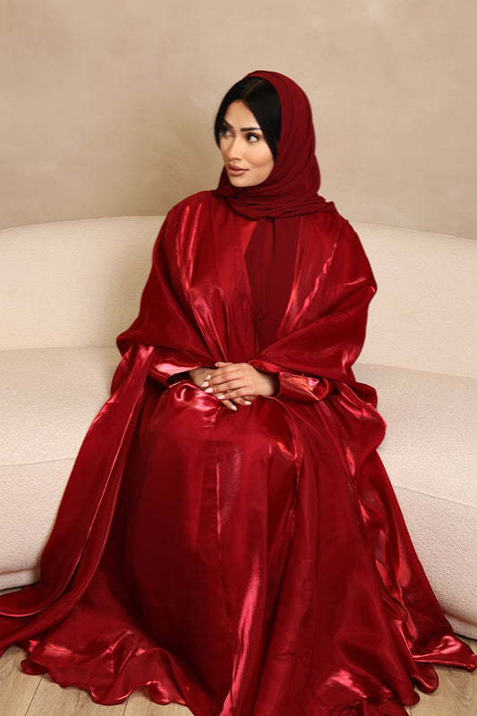 Noor Abaya – Elegant Organza Evening Wear - Ruby Red